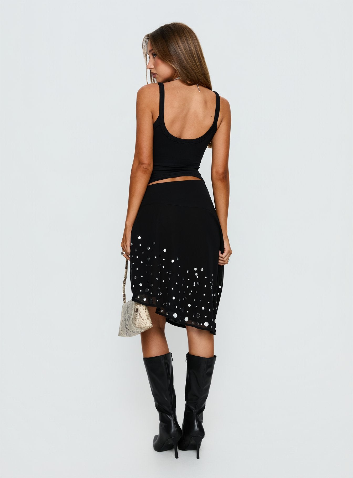 Jezabela Asymmetrical Stud Midi Skirt Black - Image 5