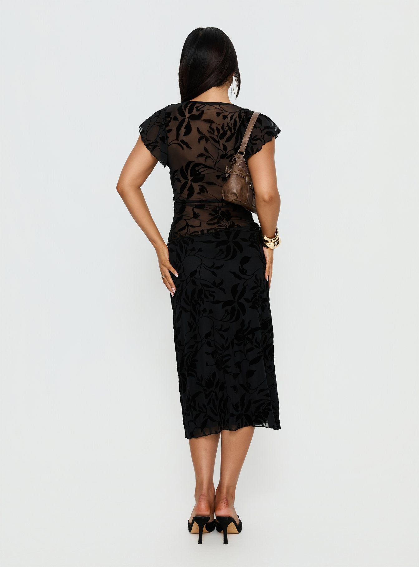 Atira Midi Skirt Leaf Flower Black - Image 4