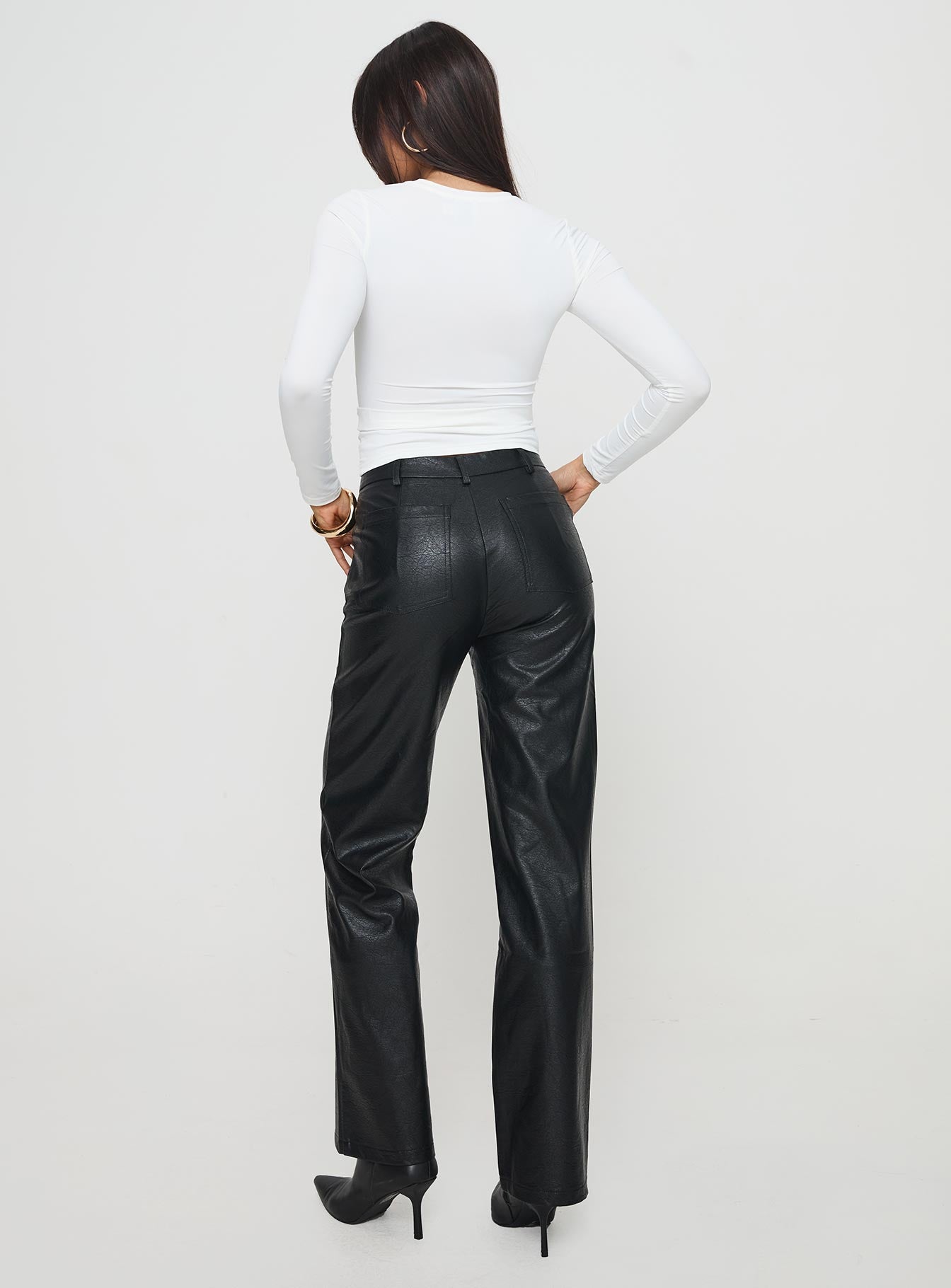 Benner Low Waist Wide Leg Faux Leather Pants Black - Image 4