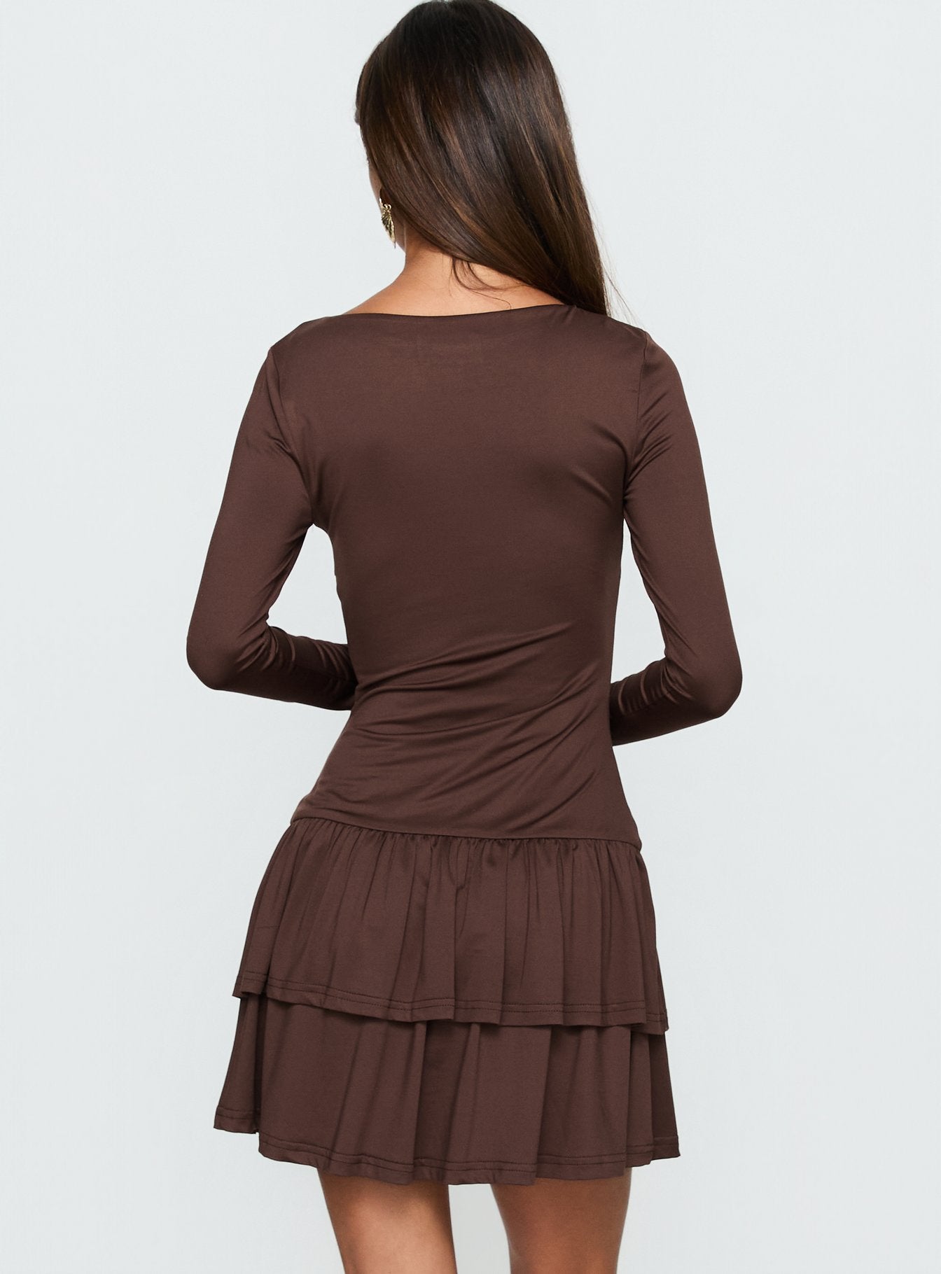 Mallissa Long Sleeve Ruffled Mini Dress Brown - Image 4