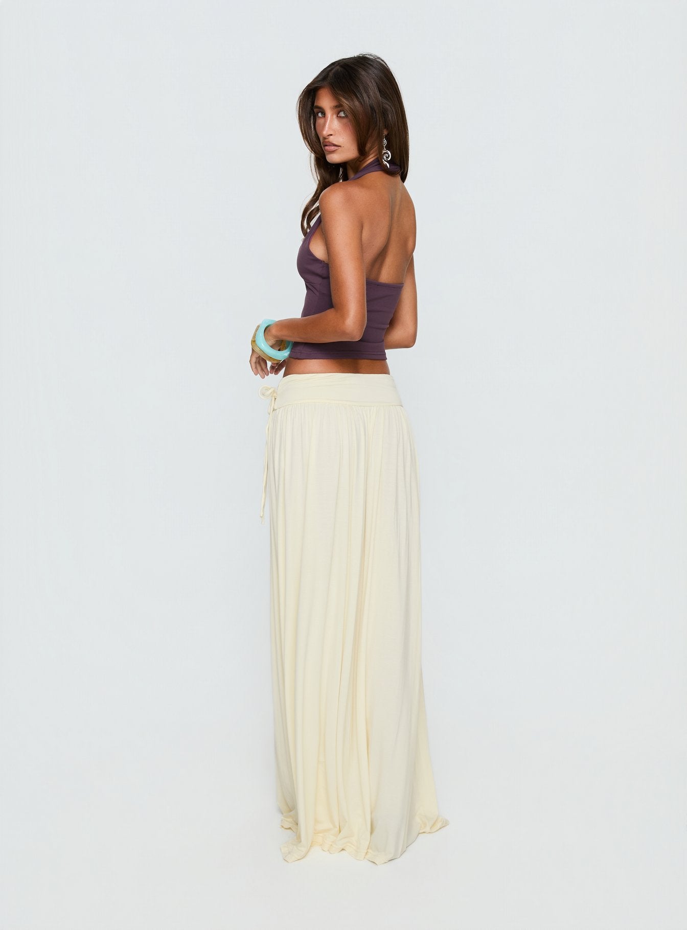 Velvet Storm Tie Detail Flowy Maxi Skirt Cream - Image 5