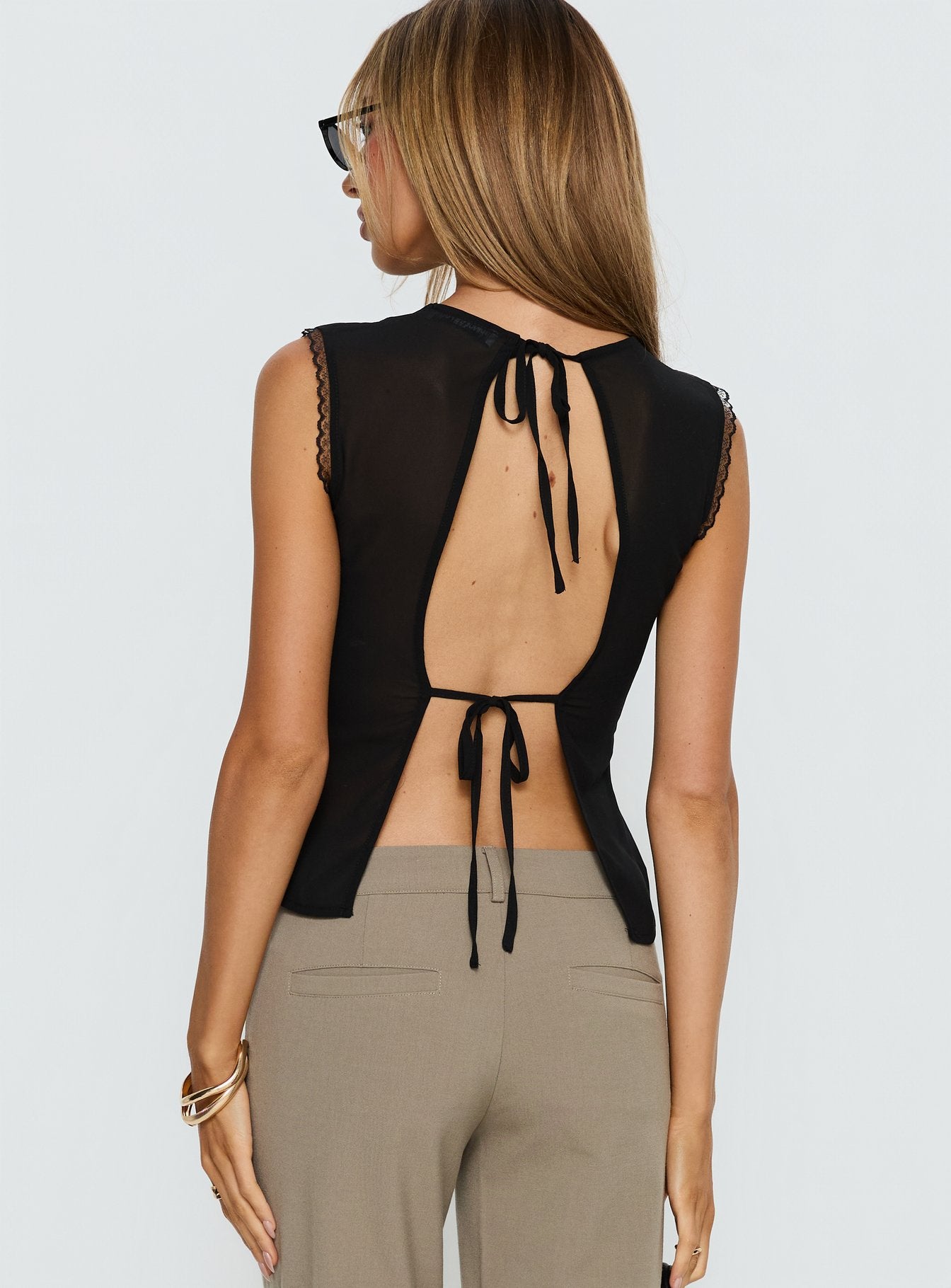 Noven Tie Back Lace Trim Top Black - Image 4