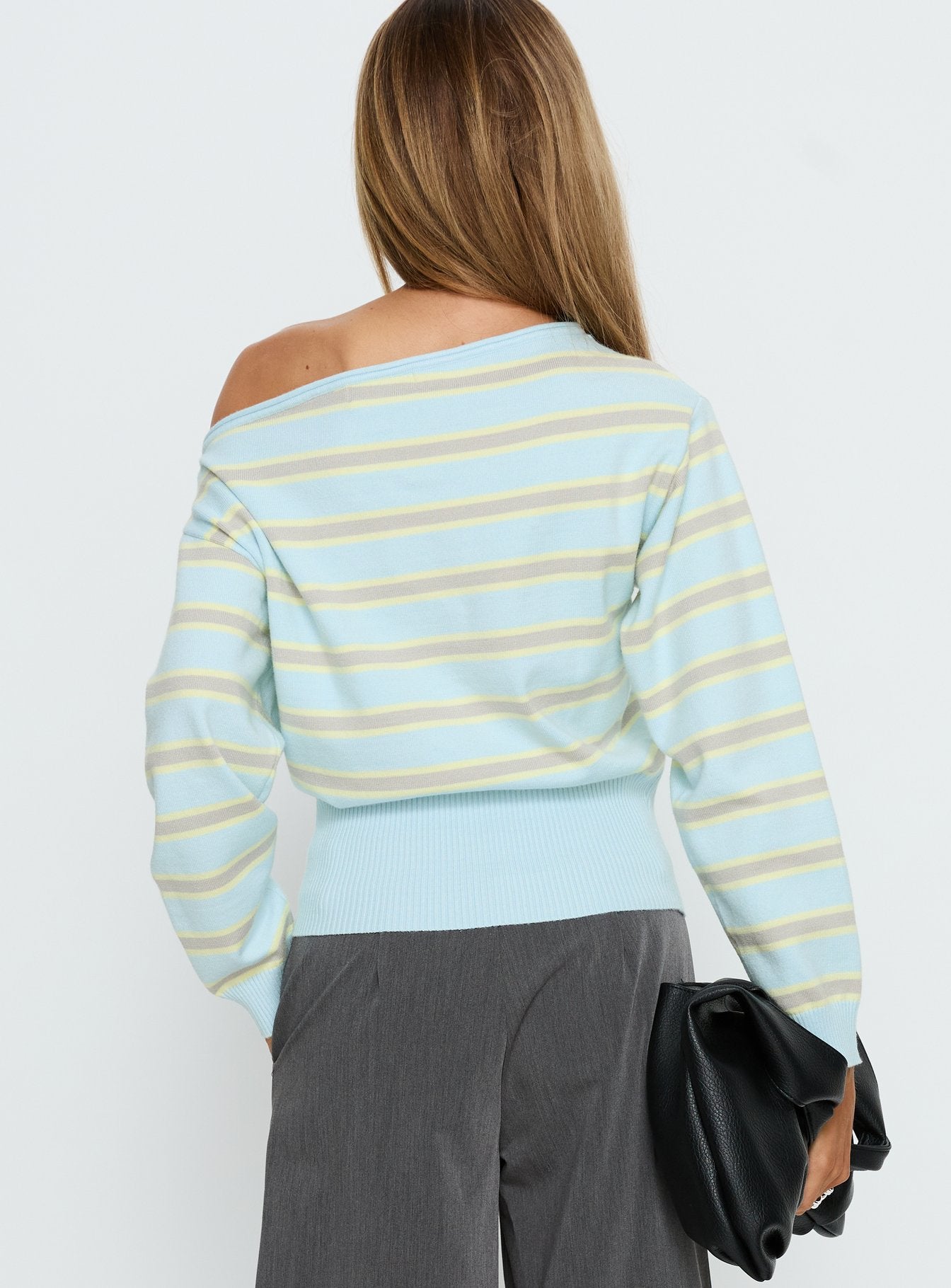 Zinia Off Shoulder Knit Sweater Grey / Blue Stripe - Image 5