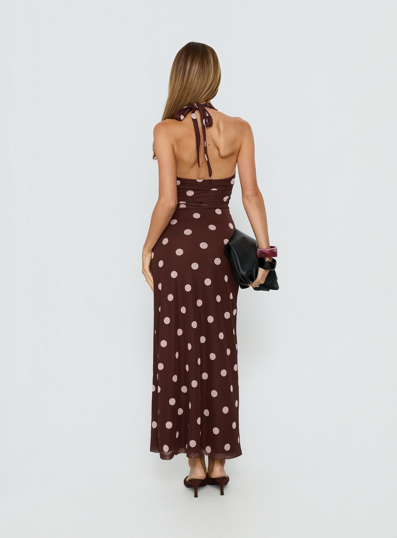Saviana Halter Ruched Maxi Dress Chocolate / Pink Polka Dot - Image 5