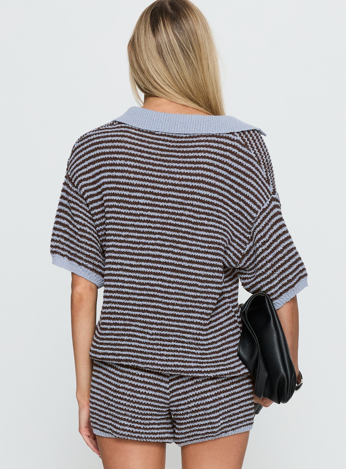 Serenique Collared Short Sleeve Knit Top Blue / Chocolate - Image 5