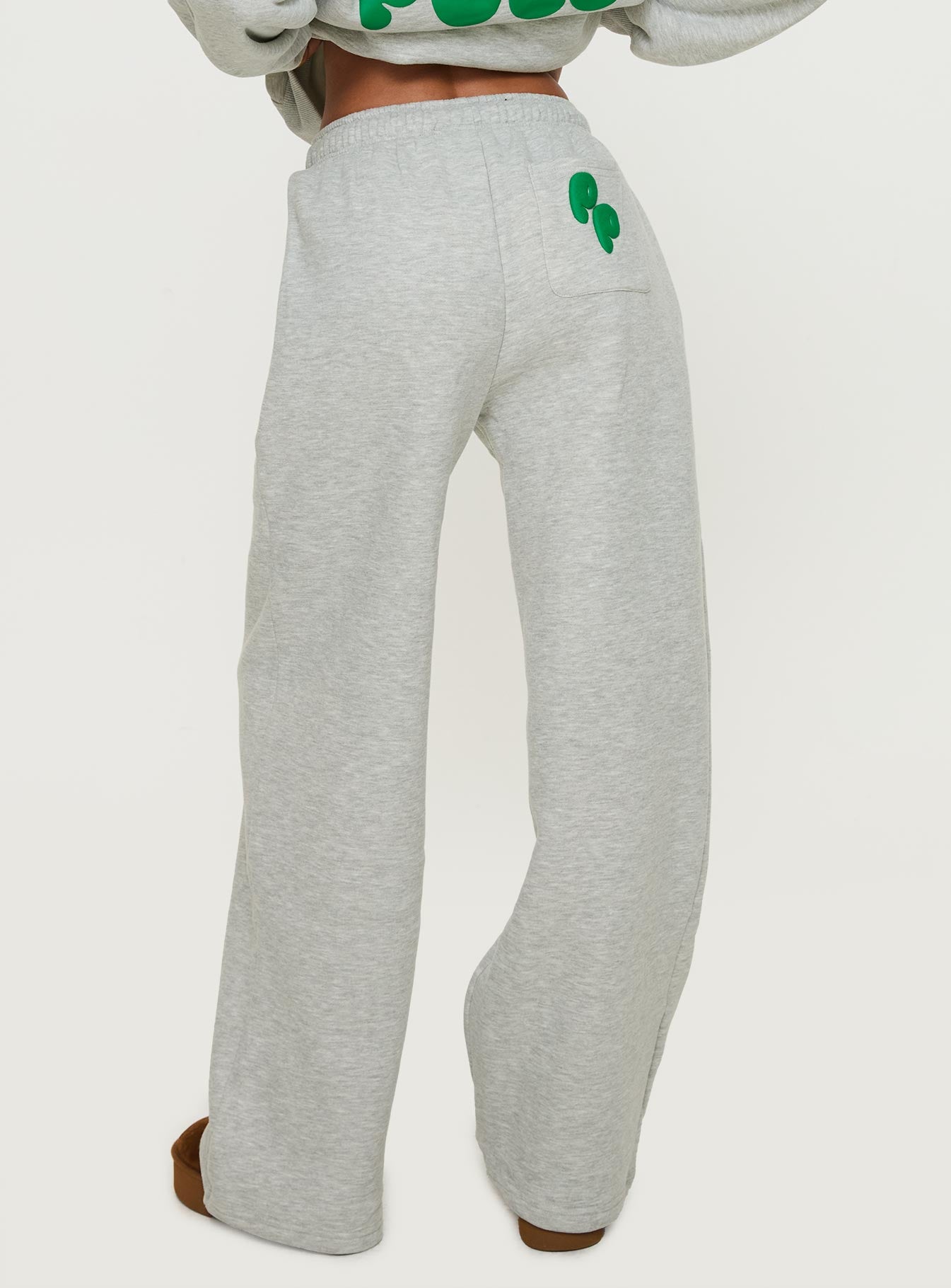 Princess Polly Wide Leg Track Pant Bubble Text Grey Marle / Green - Image 4