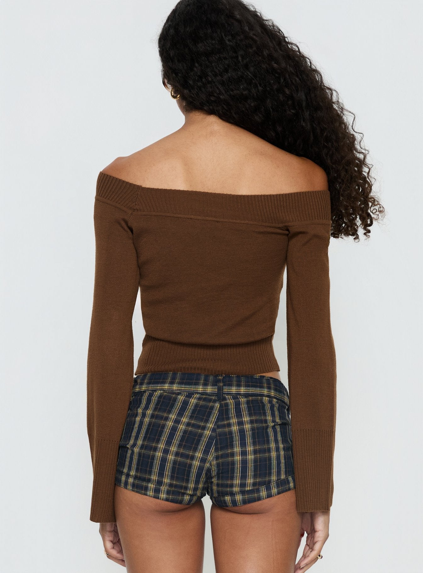 Perrey Long Sleeve Off Shoulder Knit Top Brown - Image 4