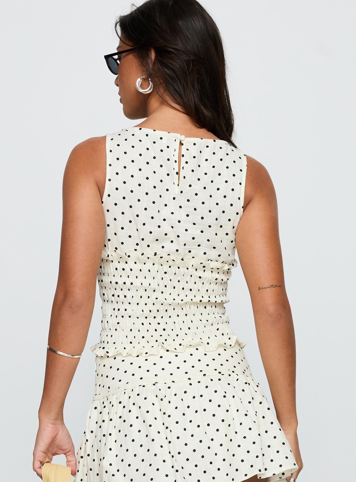 Roxee Ruched Linen Blend Top Cream Polka Dot - Image 5