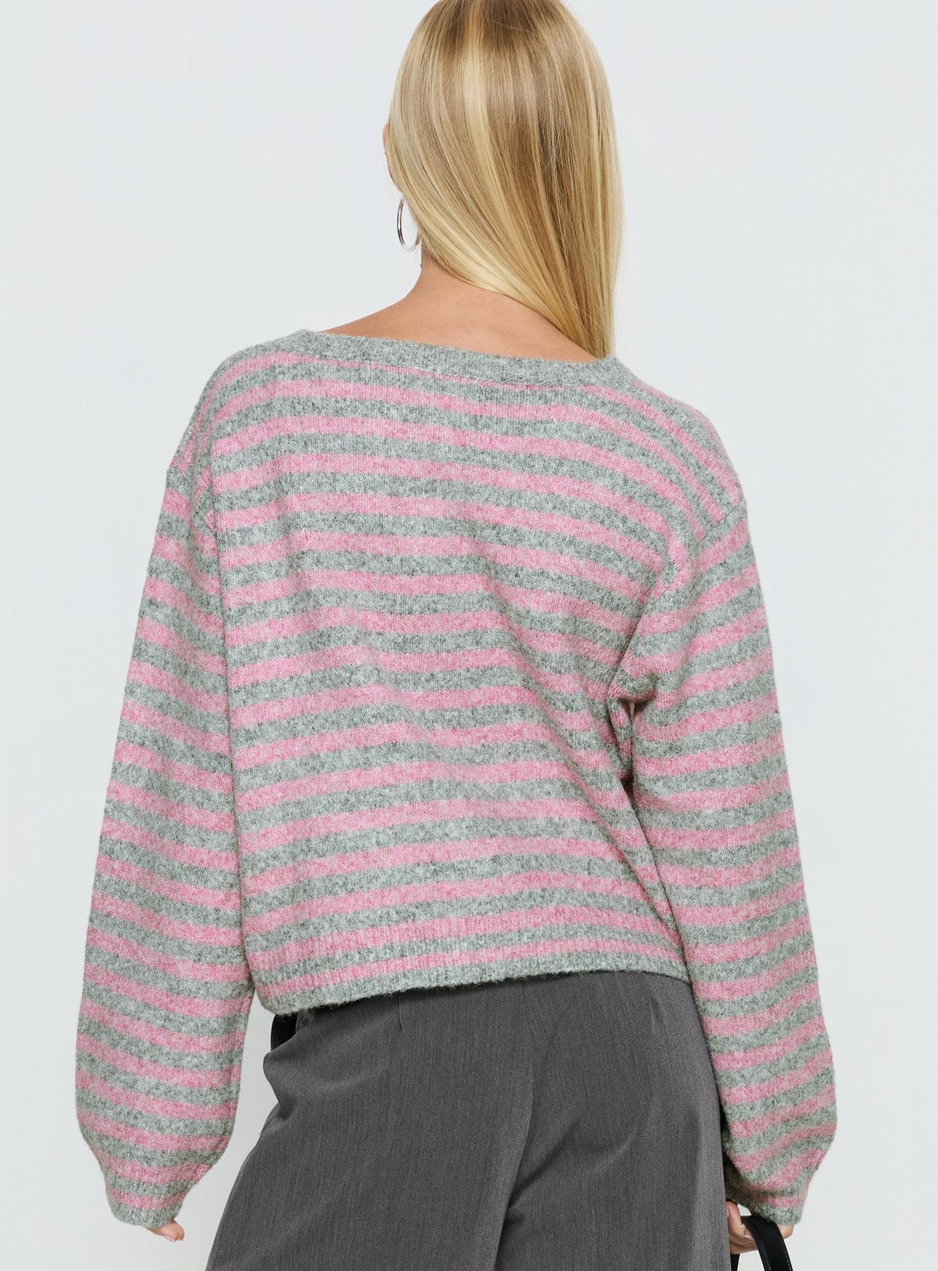 Raynna Button Up Cardigan Pink / Grey Stripe - Image 5