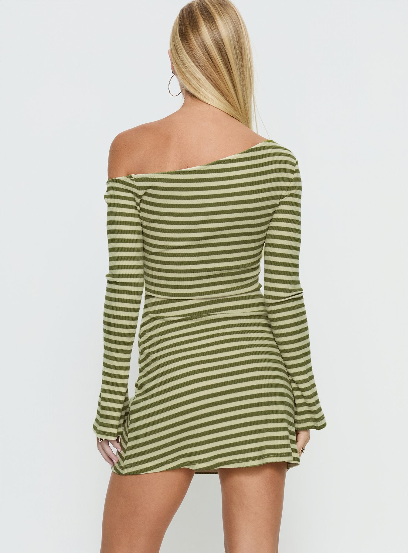 Adrietta Long Sleeve Off Shoulder Mini Dress Cream / Matcha Stripe - Image 4