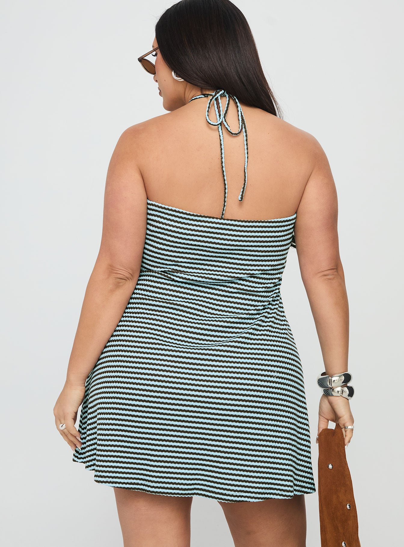 Knoxi Halter Jersey Mini Dress Blue / Brown Stripe Curve - Image 5