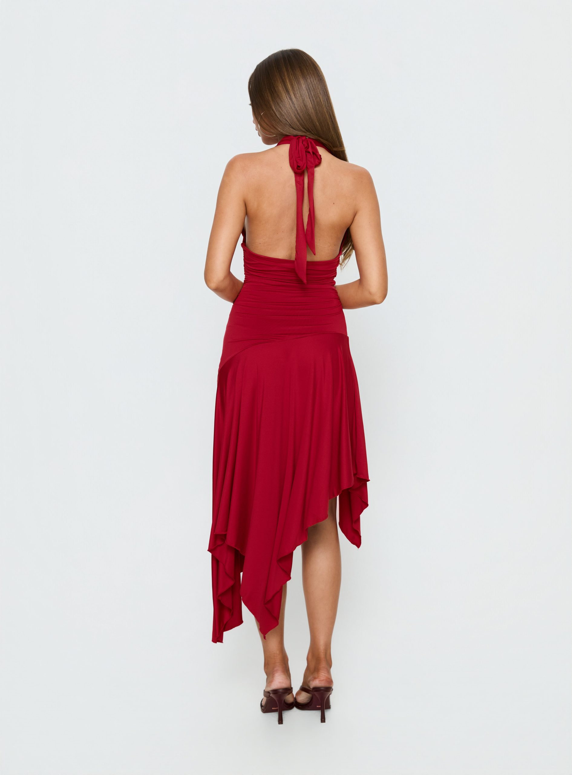 Emara Halter Asymmetrical Midi Dress Red - Image 5