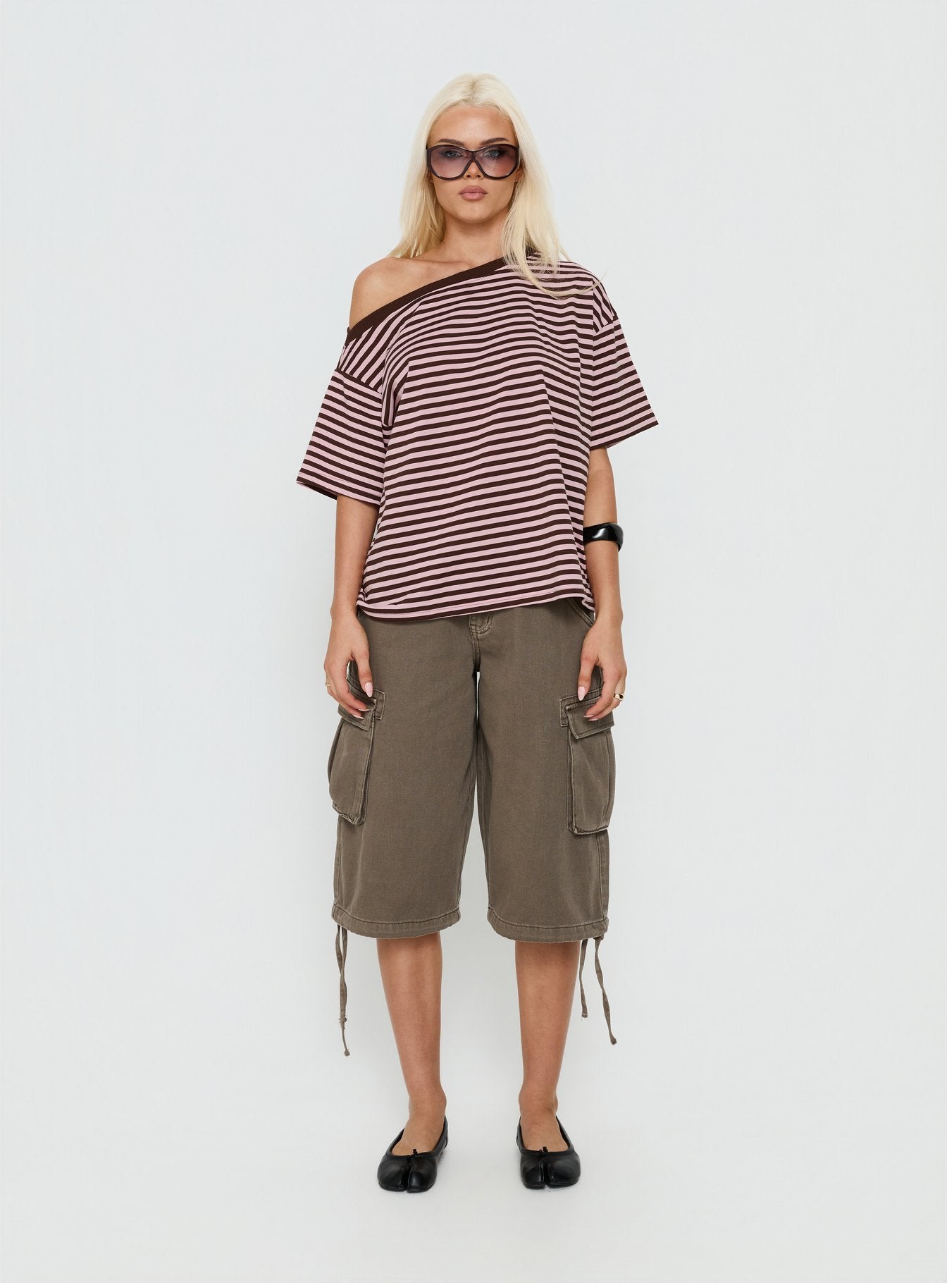Settle Down One Shoulder Top Pink / Chocolate Stripe - Image 6