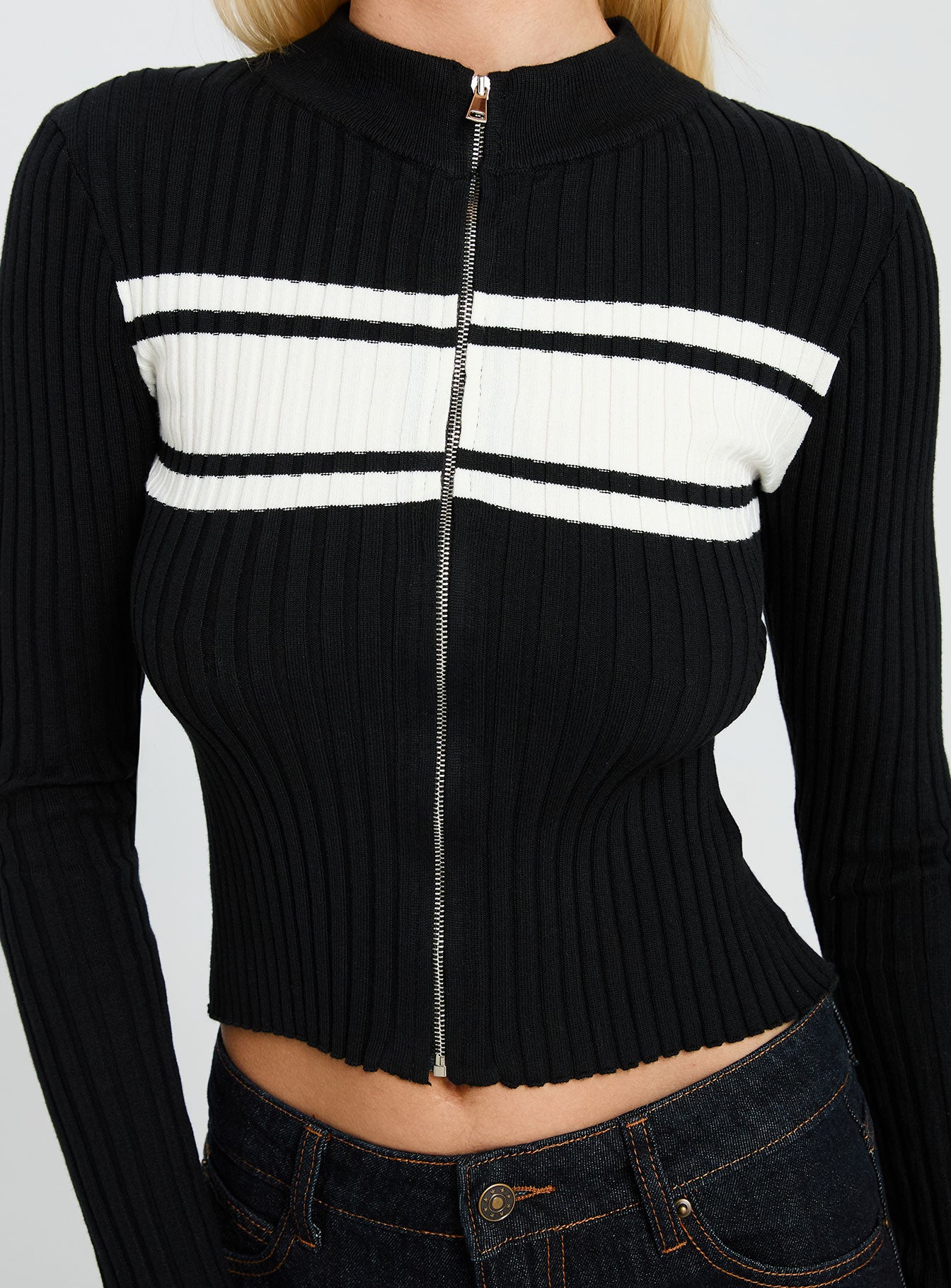 Decisive Zip Through Knit Sweater Black / White - Image 6