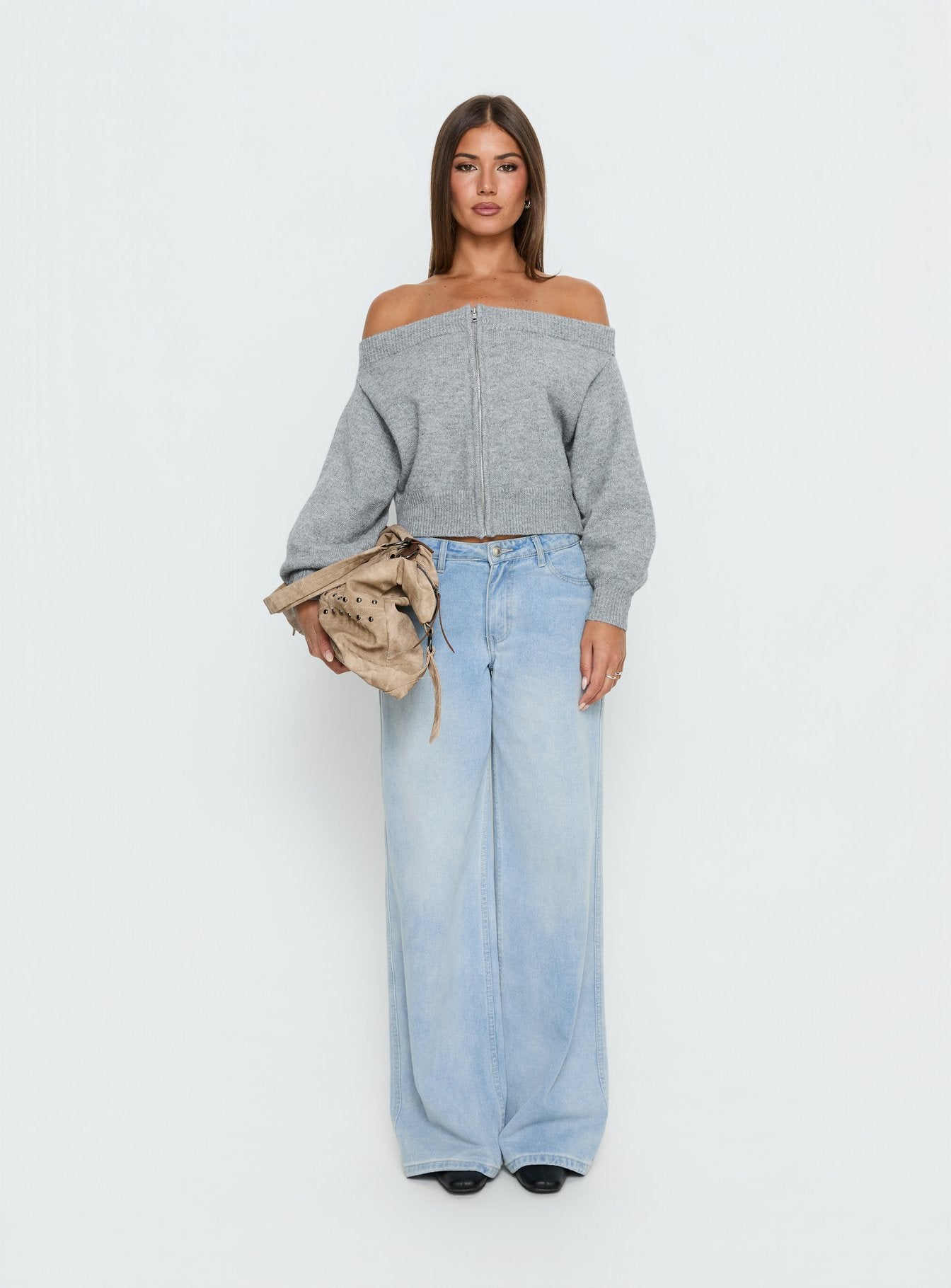 Ortensa Off Shoulder Zip Through Jumper Grey Marle - Image 6