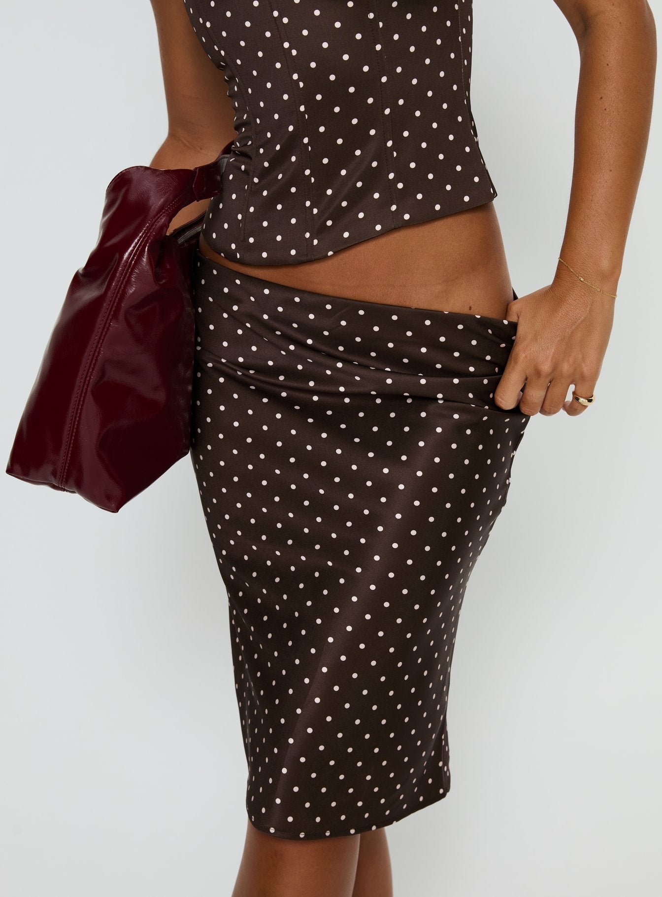 Somani Satin Midi Skirt Brown / Pink Polka Dot - Image 7