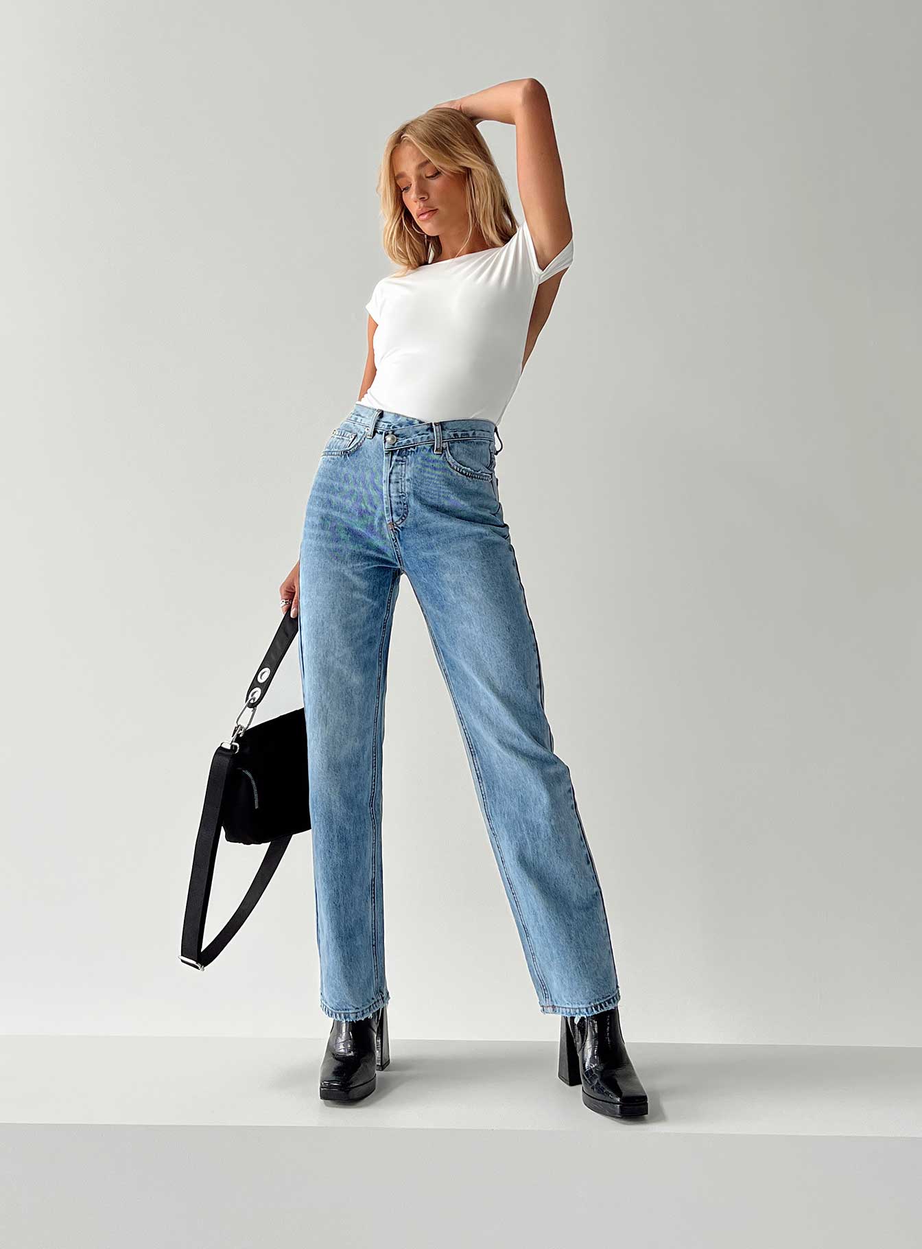 Holly Mid Rise Straight Leg Asymmetric Jean Light Wash Denim - Image 14