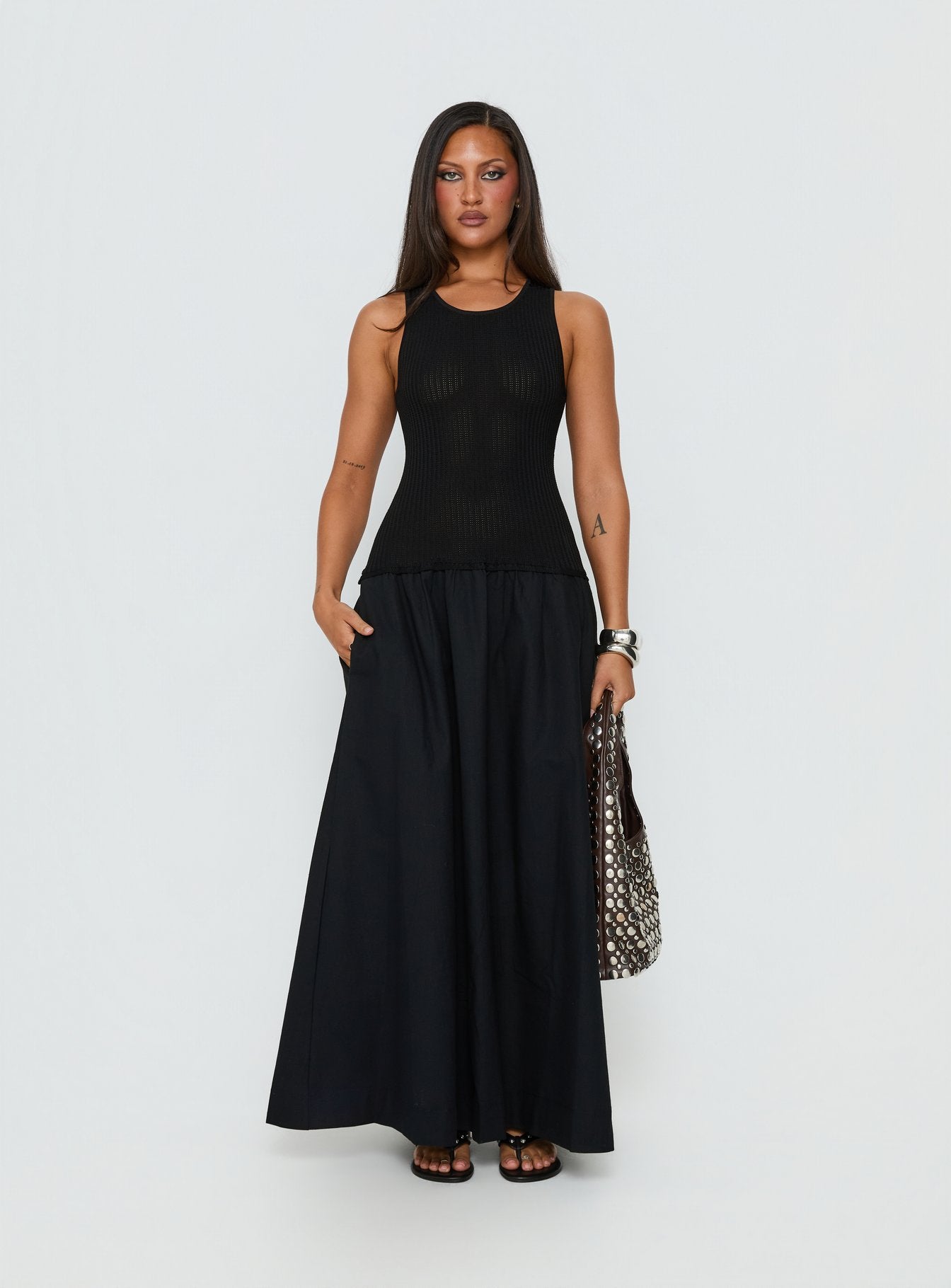 Carlene Shirred Drop Waist Maxi Dress Black - Image 6