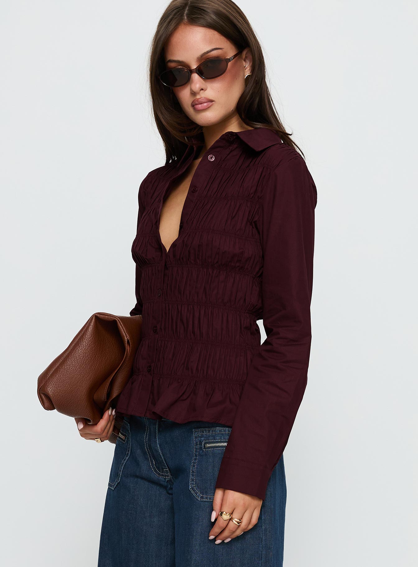 Cultivate Shirred Long Sleeve Top Plum - Image 5