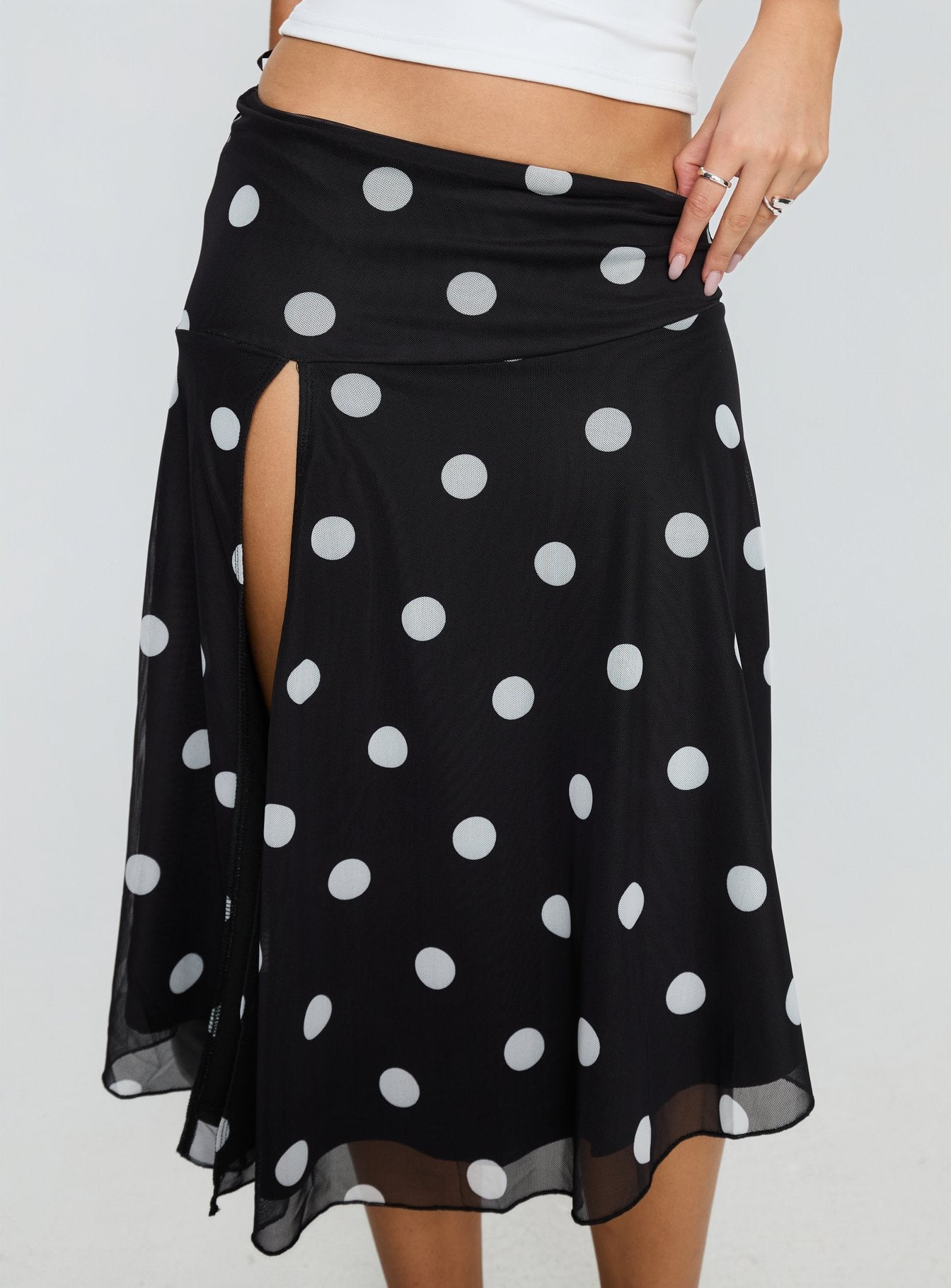 Dulciana High Split Asymmetrical Midi Skirt Black / Polka Dot - Image 6