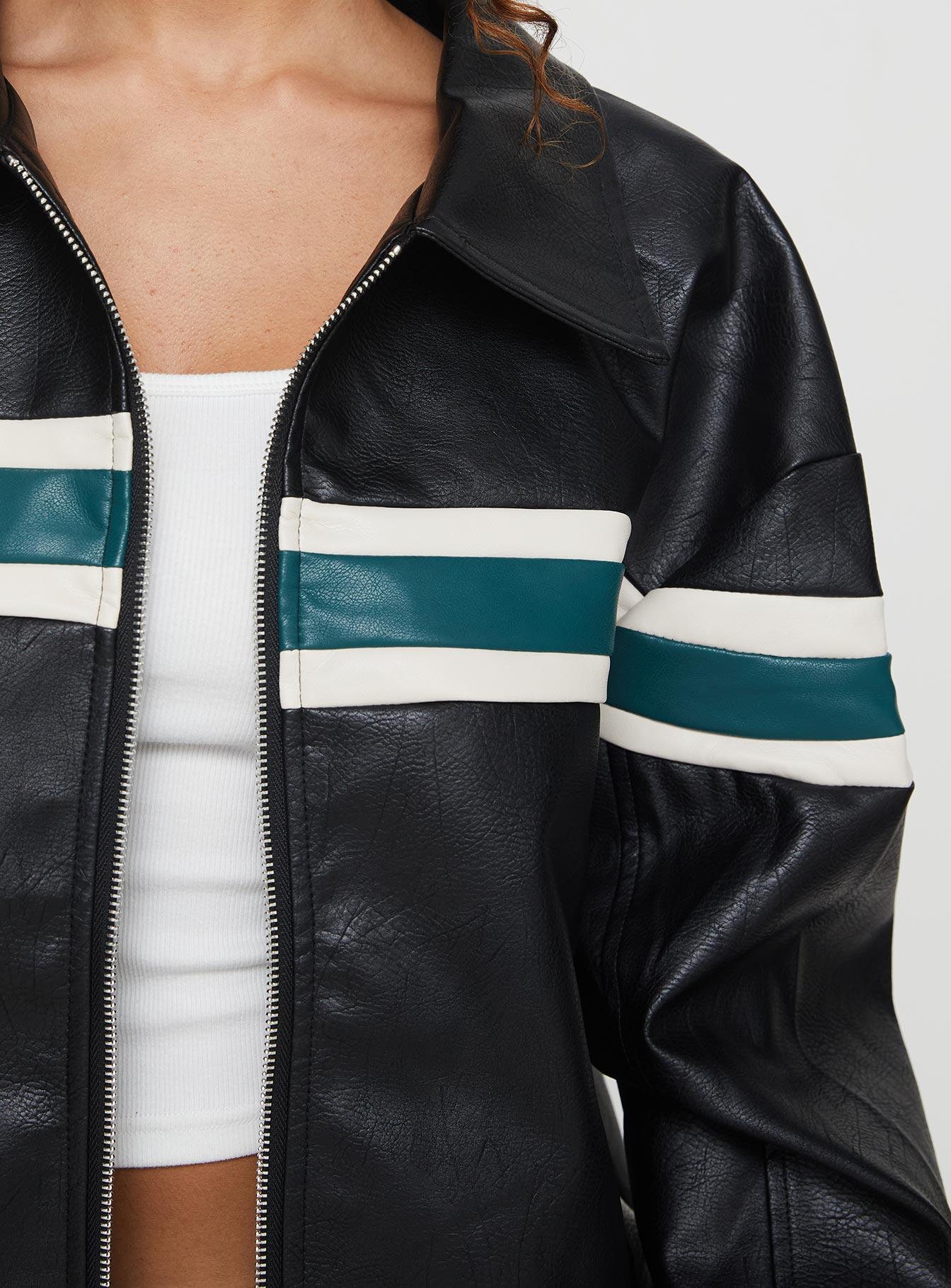 Goldsmith Faux Leather Bomber Jacket Black / Green - Image 6