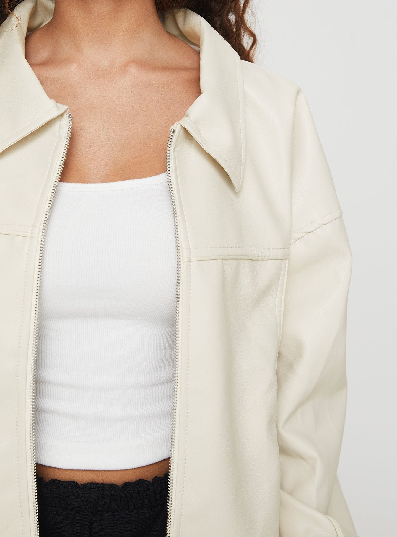 Goldsmith Faux Leather Bomber Jacket Cream - Image 6
