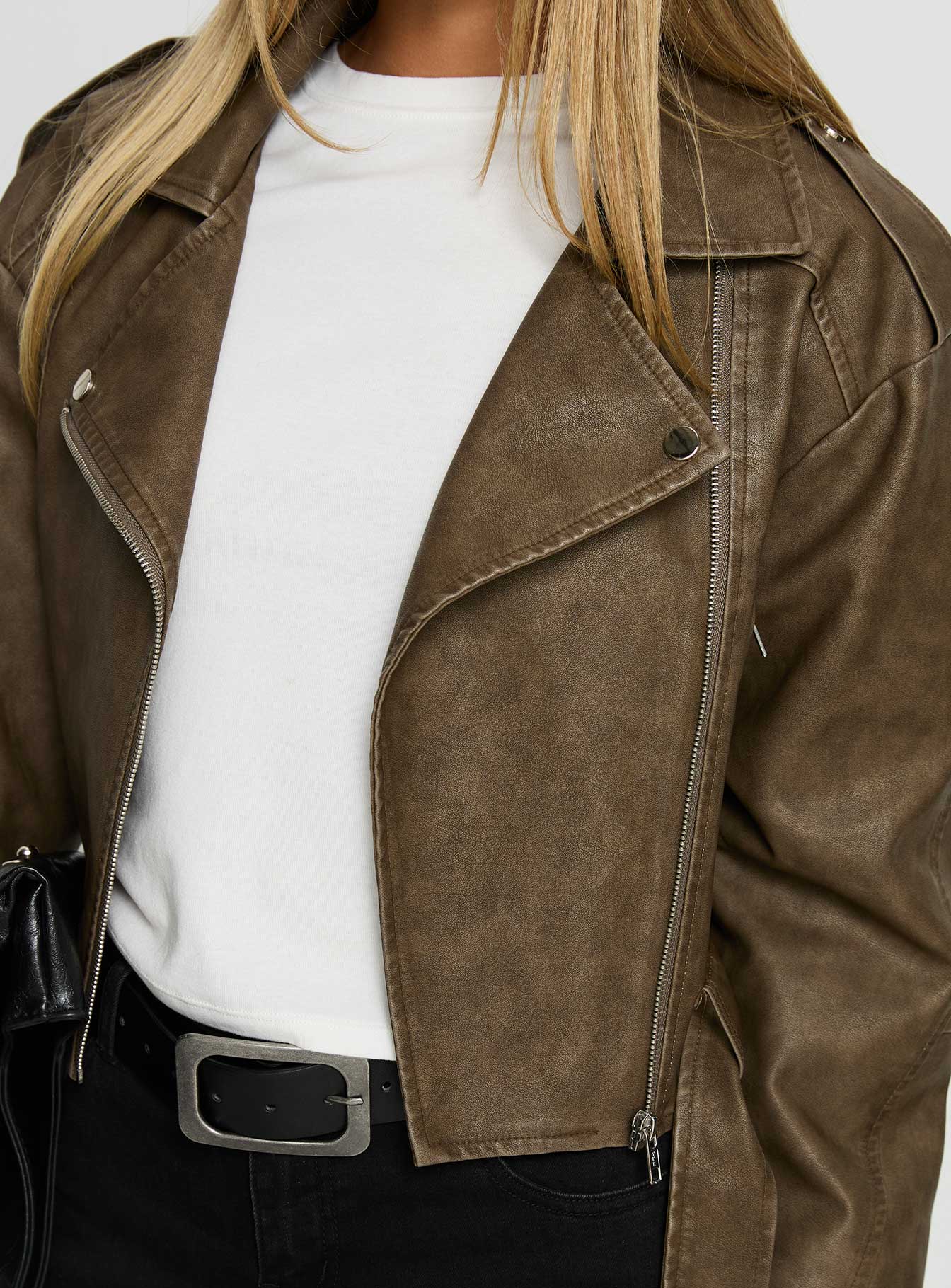Talisha Faux Leather Biker Jacket Brown - Image 6