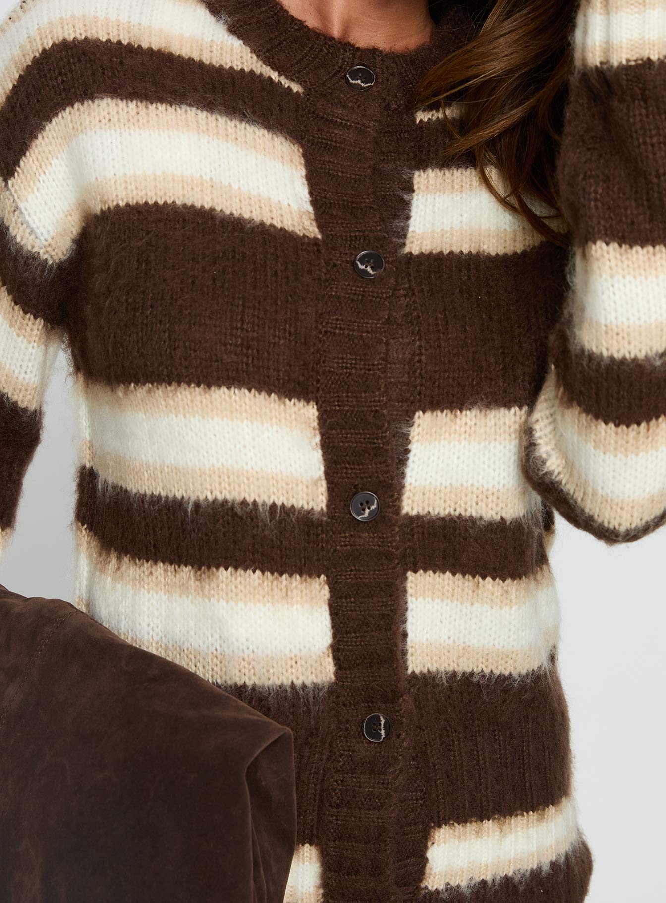 Cultivated Fluffy Knit Cardigan Brown Stripe - Image 6