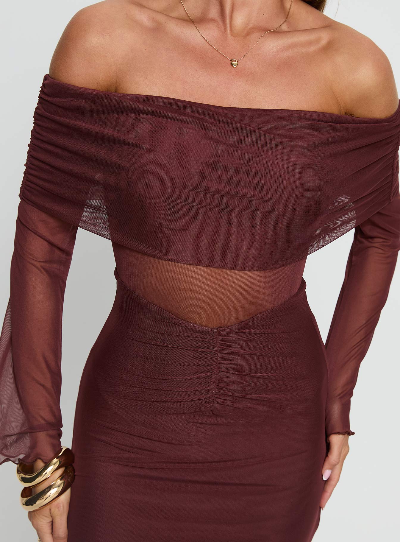 Velouria Off Shoulder Long Sleeve Maxi Dress Brown - Image 6