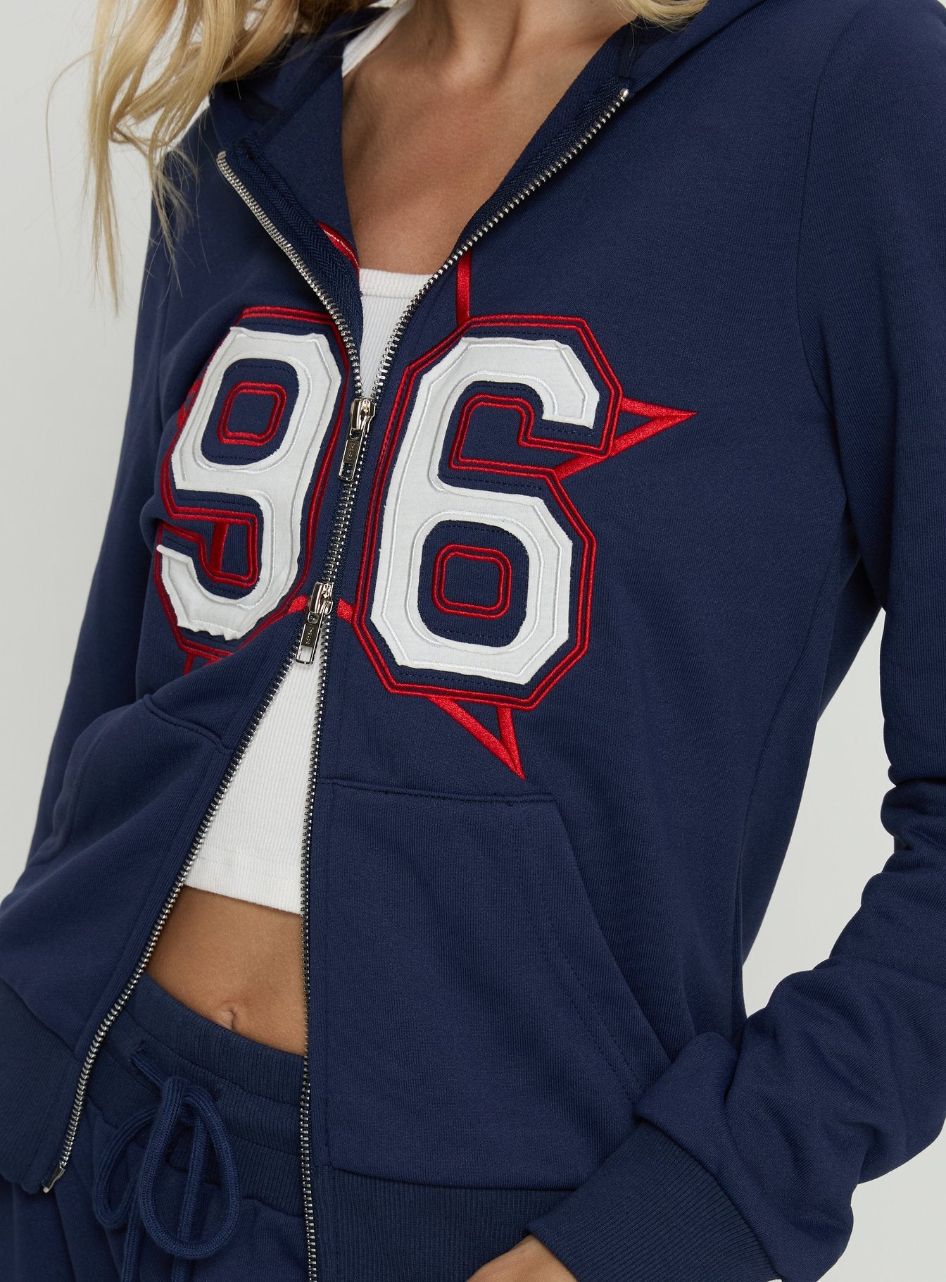 Kari Distressed Zip Through Top Navy Multi - Image 6