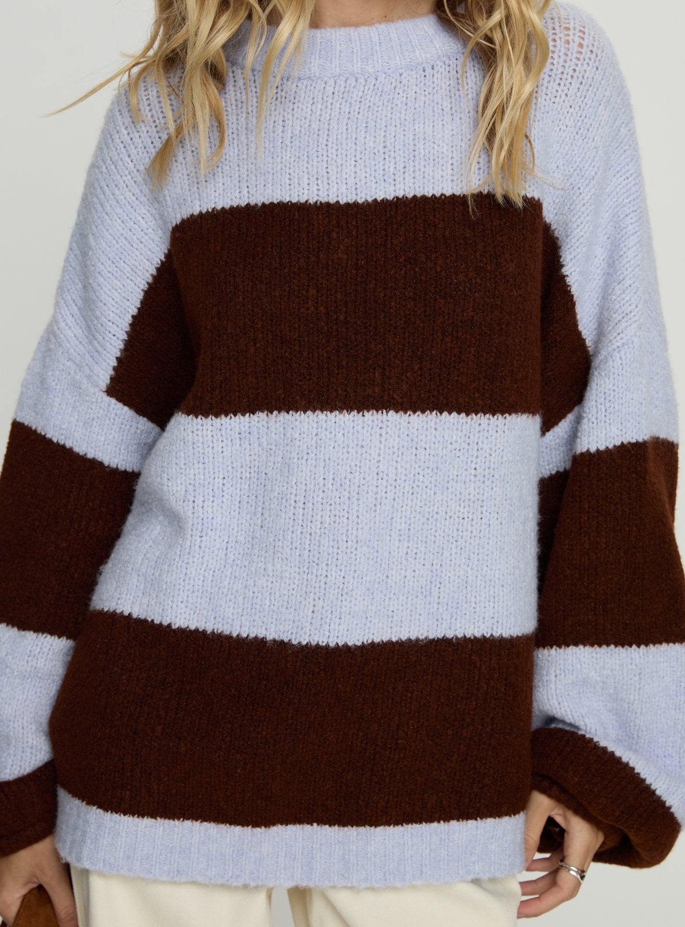 Bastien Crew Neck Knit Sweater Blue / Chocolate Stripe - Image 6