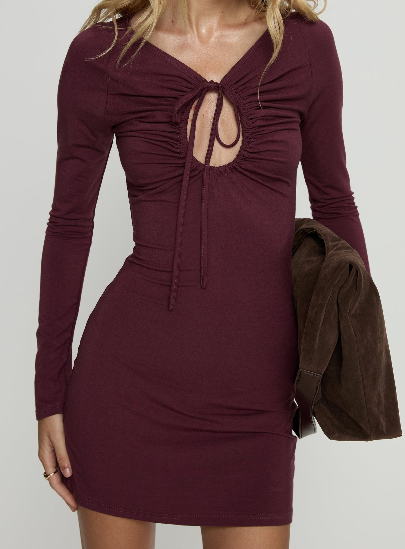 Angele Long Sleeve Keyhole Mini Dress Plum - Image 4