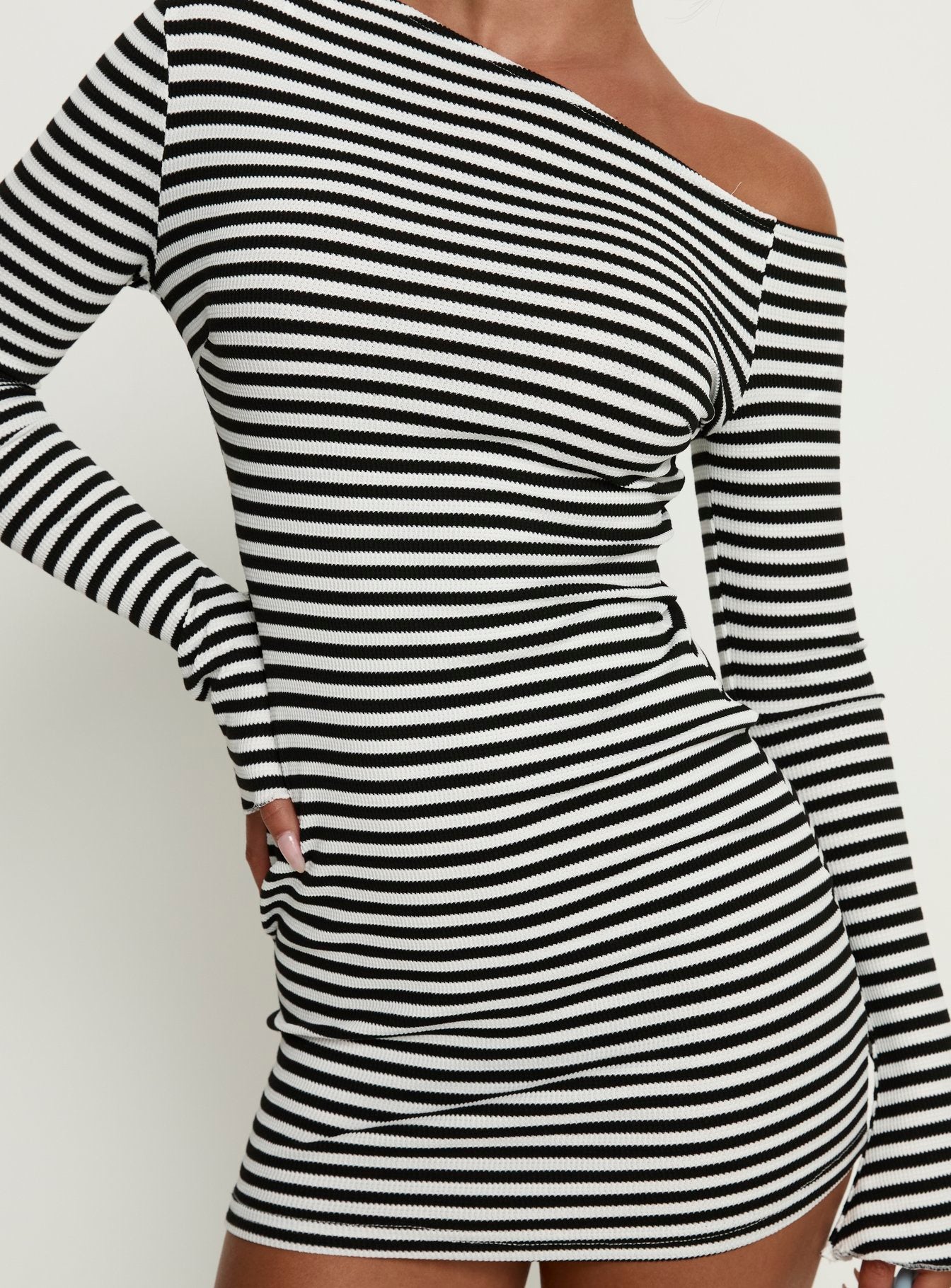 Journi Off Shoulder Long Sleeve Mini Dress Black / White Stripe - Image 6