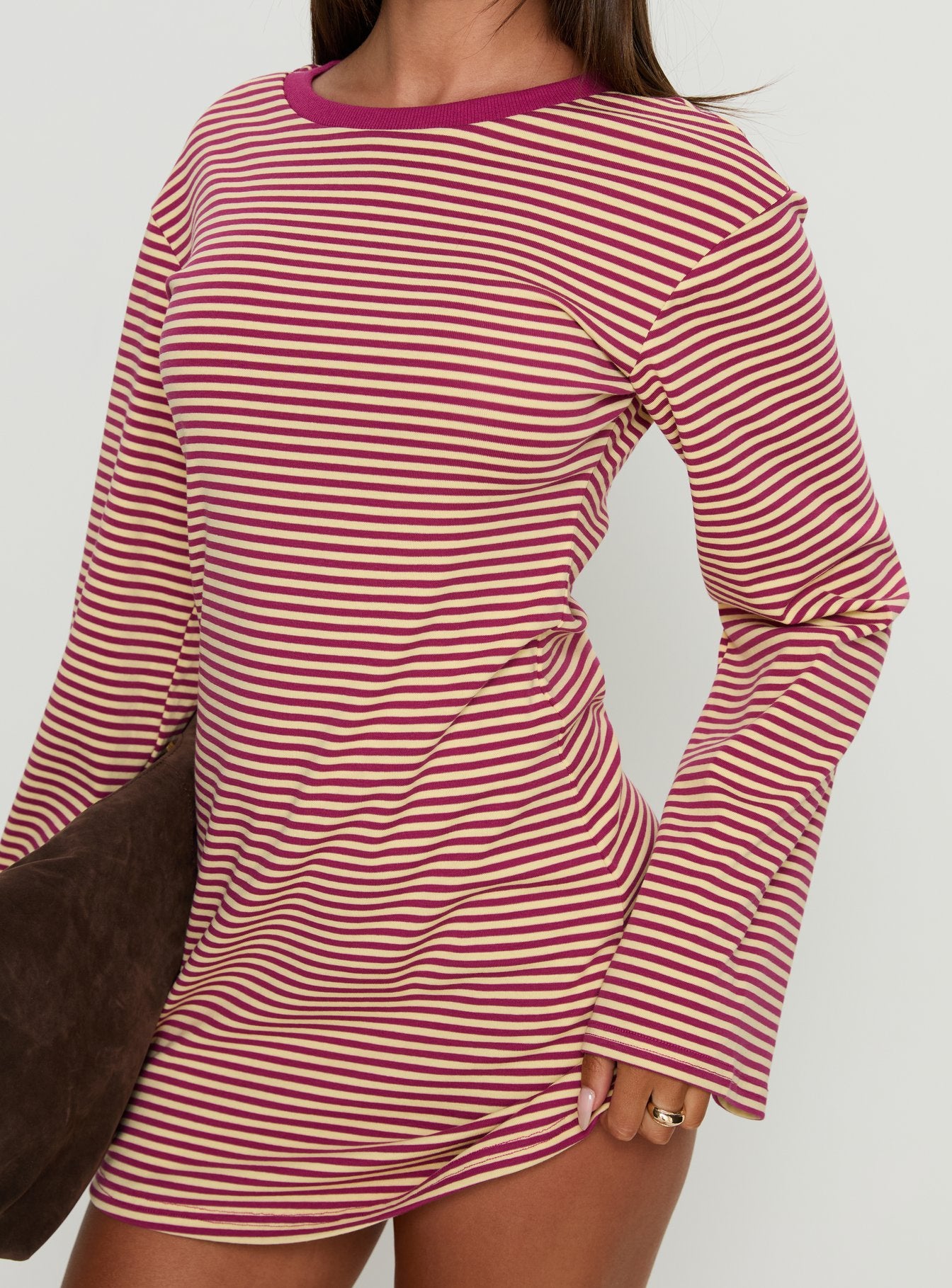 Lulolah Long Sleeve Mini Dress Lemon / Burgundy Stripe - Image 6