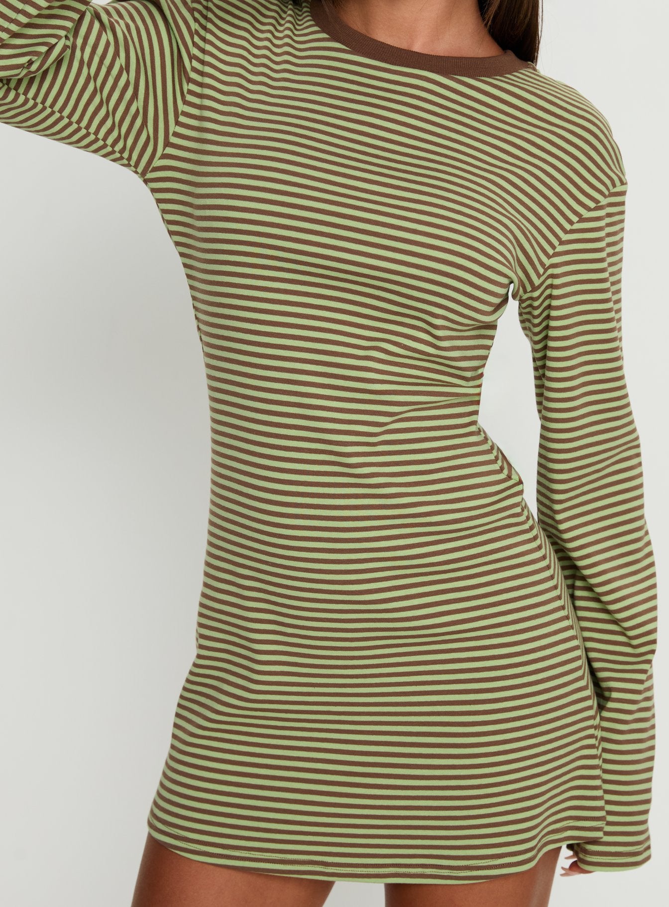 Lulolah Long Sleeve Mini Dress Green / Chocolate Stripe - Image 6