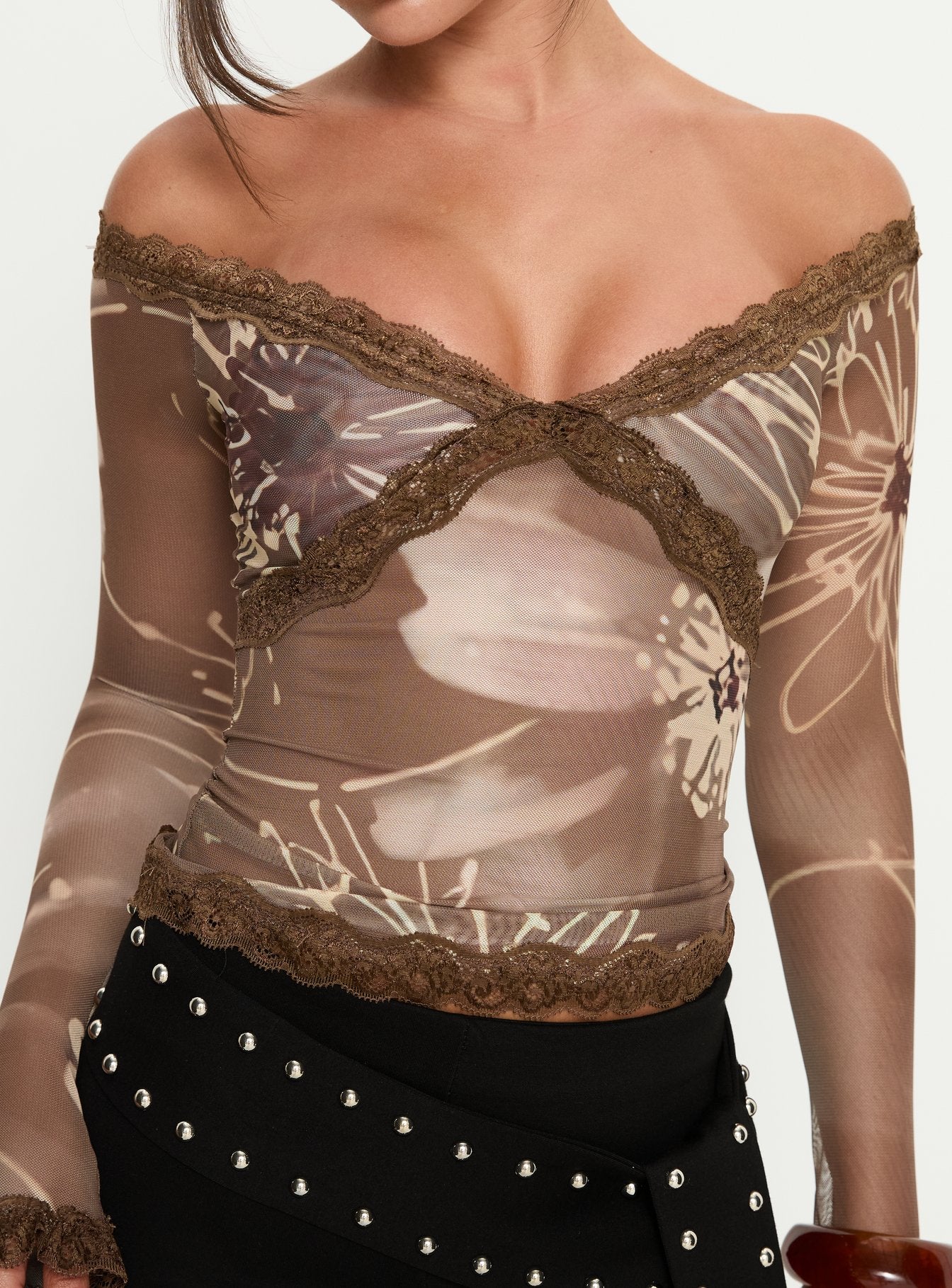 Katlyne Long Sleeve Lace Trim Top Brown Floral - Image 6