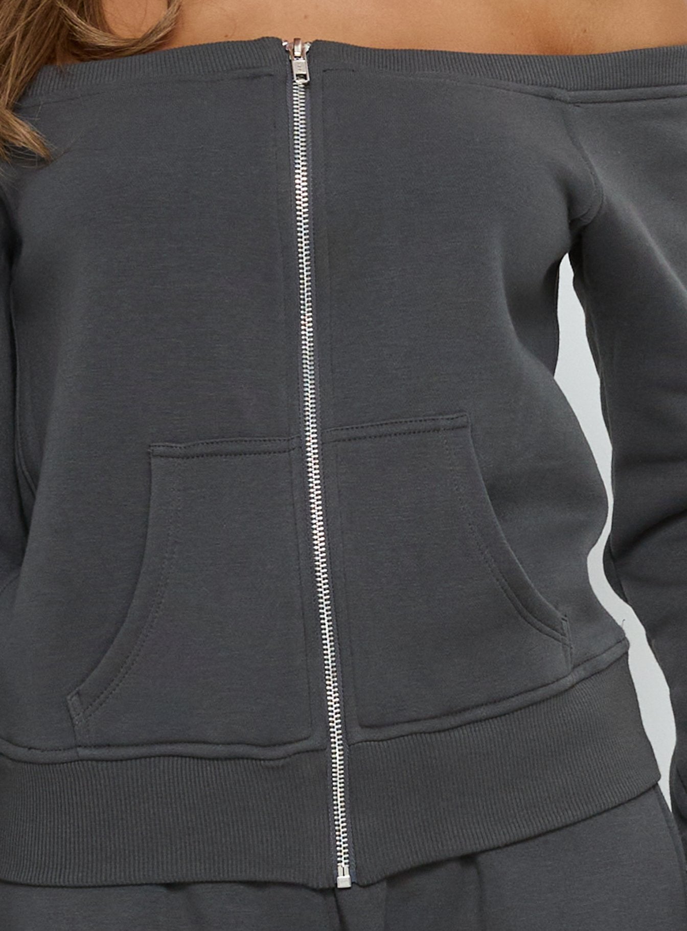 Airazo Off Shoulder Zip Through Jumper Grey - Image 6