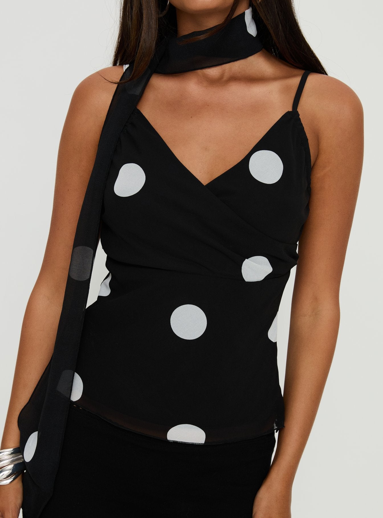 Jenae Scarf Detail Cami Top Black / White Polka - Image 6