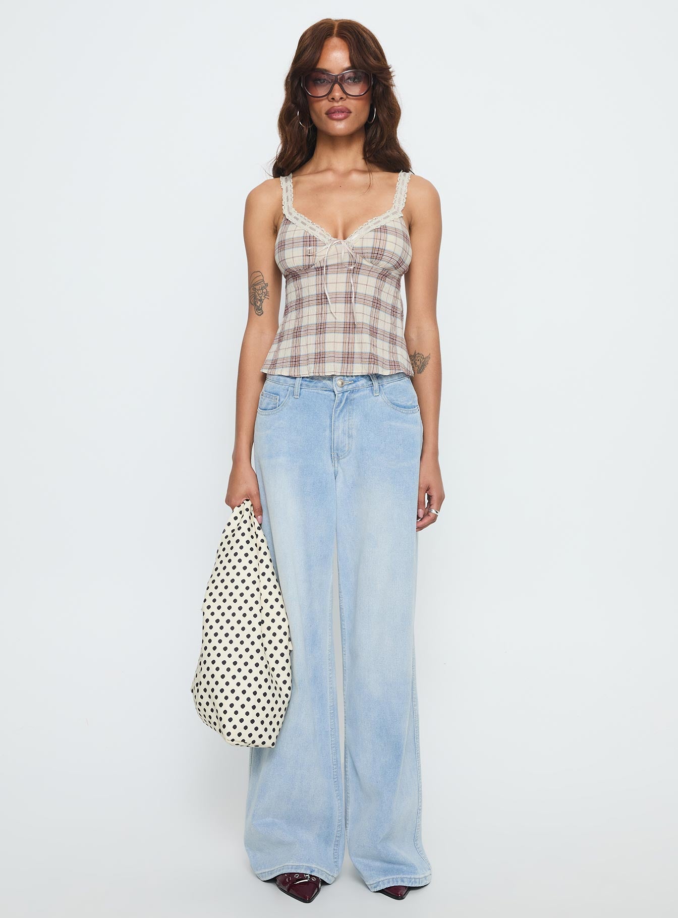 Pretty It Up Tie Detail Top Beige Check - Image 7