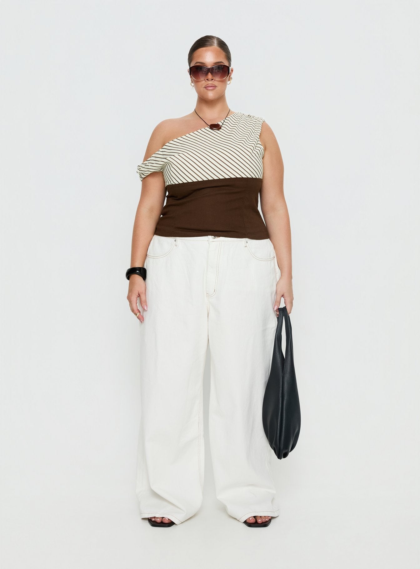 Past Life One Shoulder Top Brown / Stripe Curve - Image 7