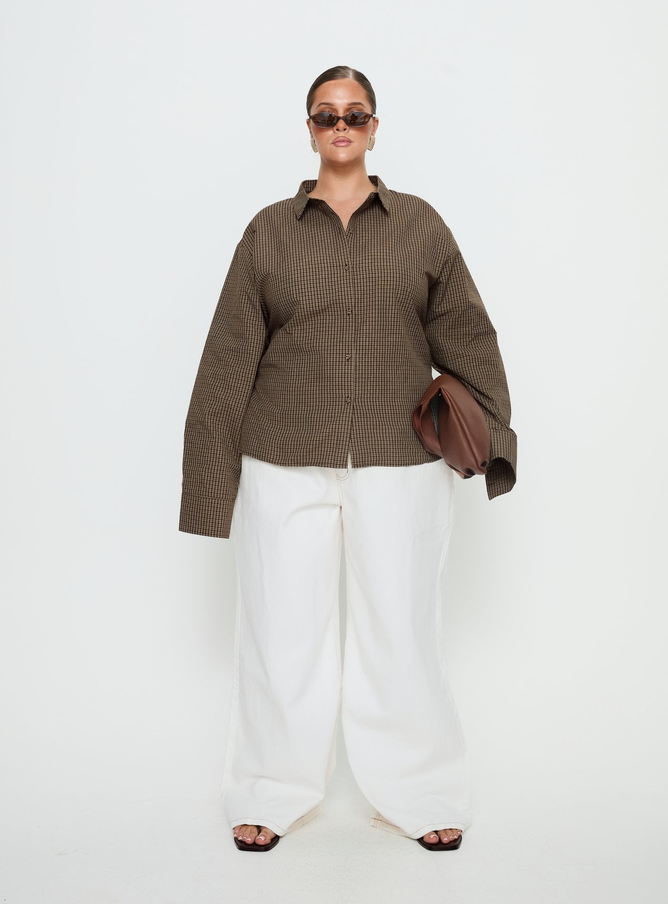 Xinia Tie Waist Long Sleeve Shirt Brown Check Curve - Image 6