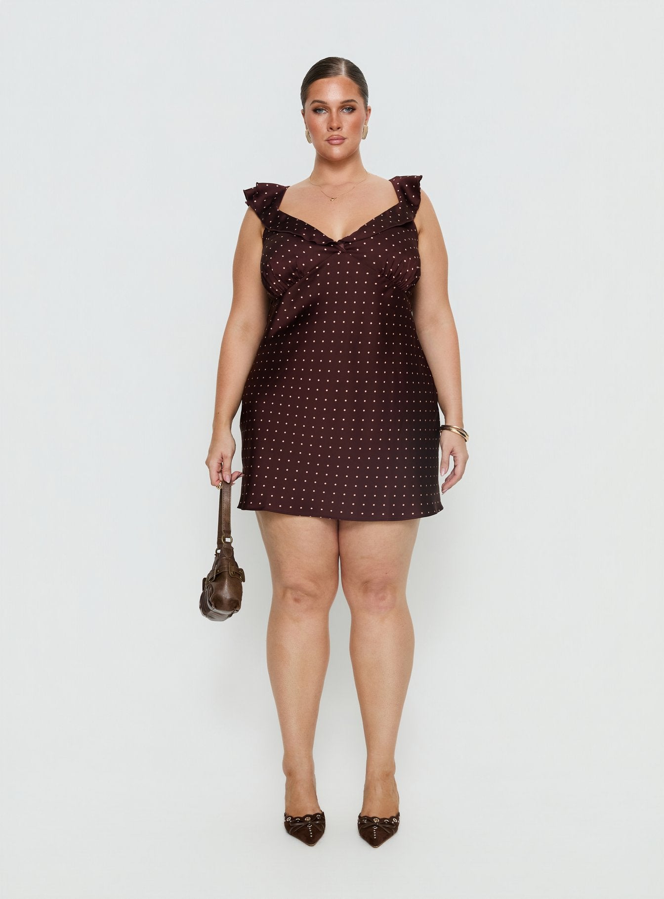 Kamillah Frill Mini Dress Burgundy Polka Dot Curve - Image 6