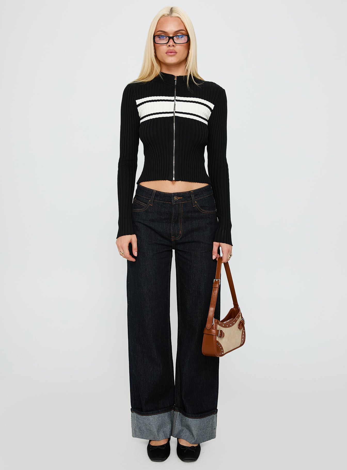 Decisive Zip Through Knit Sweater Black / White - Image 7
