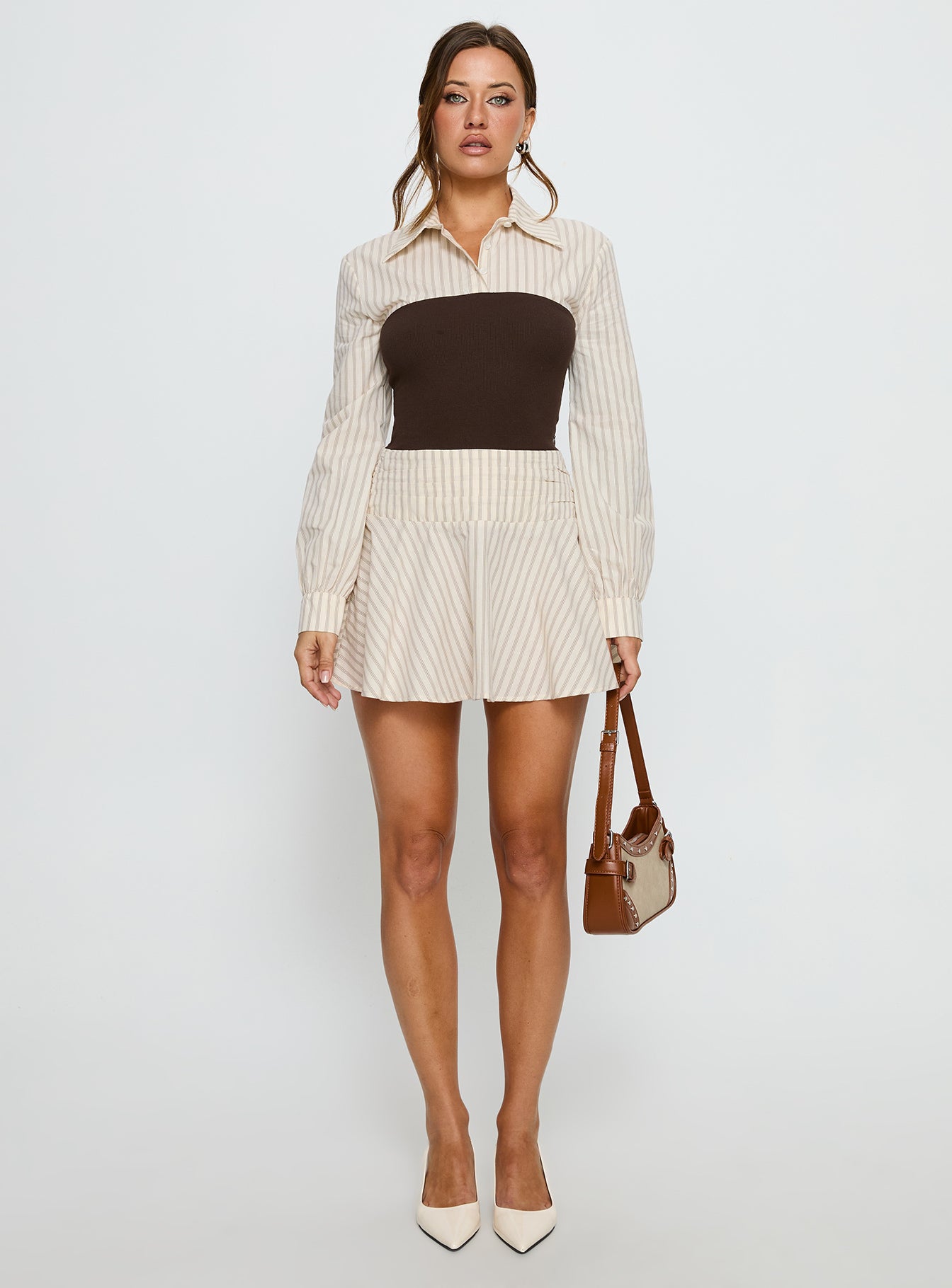 Belva Long Sleeve Corset Shirt Mini Dress Brown Stripe - Image 7