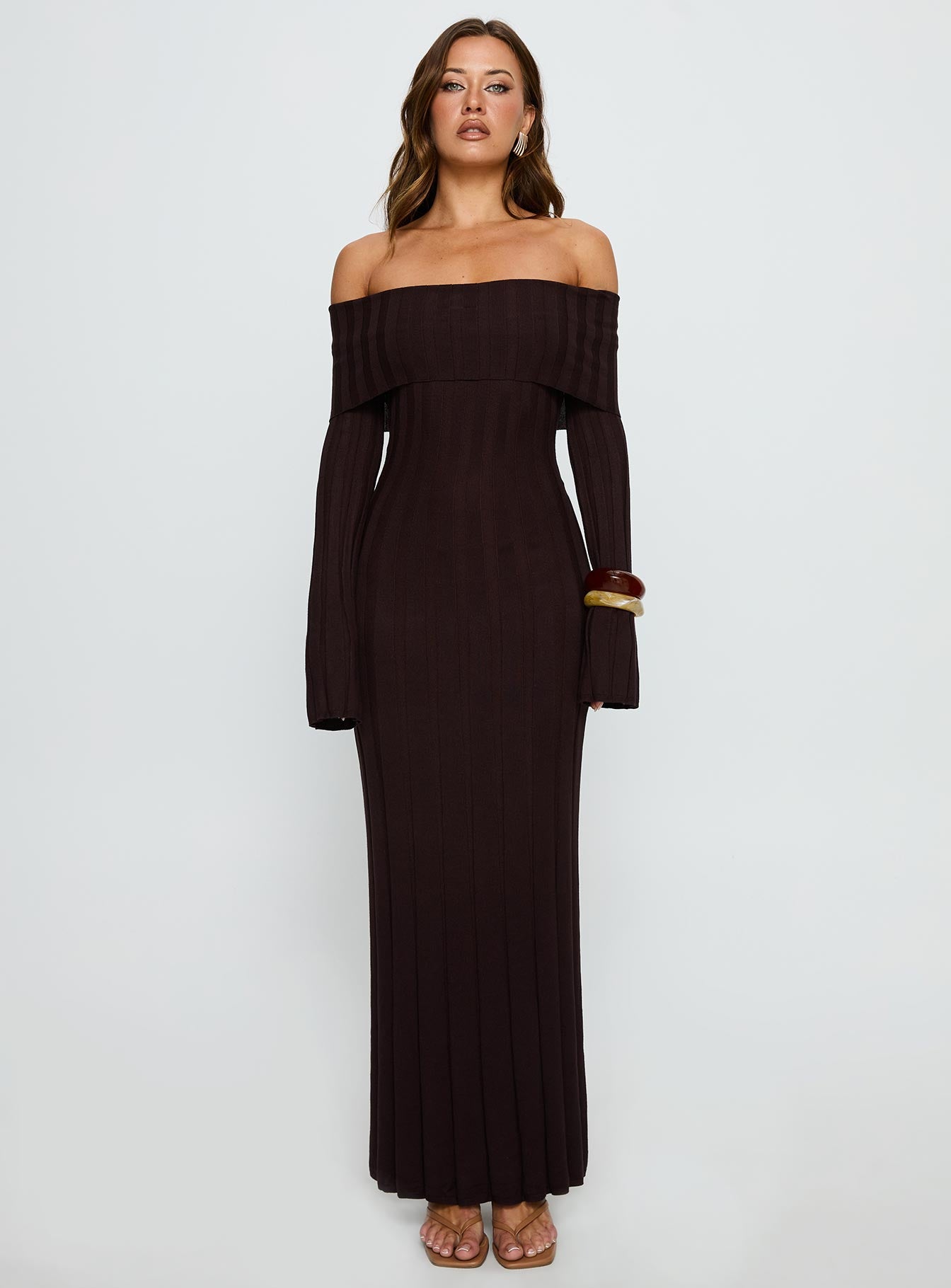 Ellouisa Long Sleeve Rib Maxi Dress Chocolate - Image 7