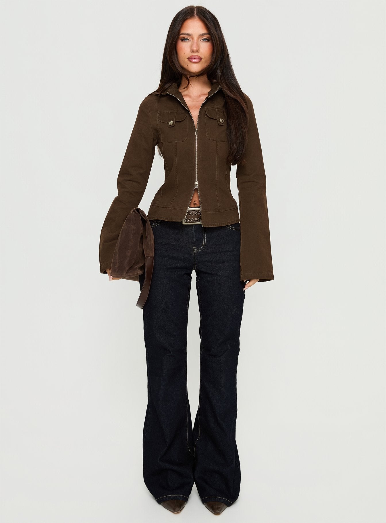 Kelehan Long Sleeve Zip Front Top Stonewashed Brown - Image 7