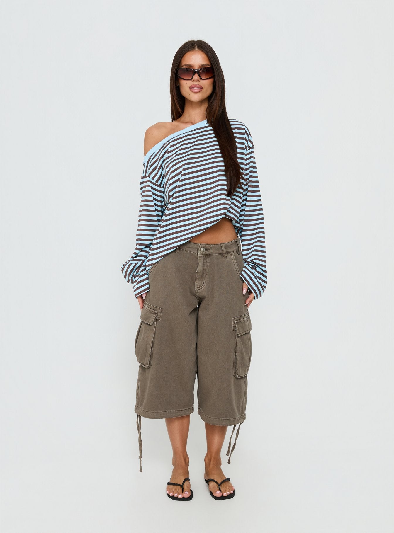 Settle Down One Shoulder Long Sleeve Top Chocolate / Blue Stripe - Image 7