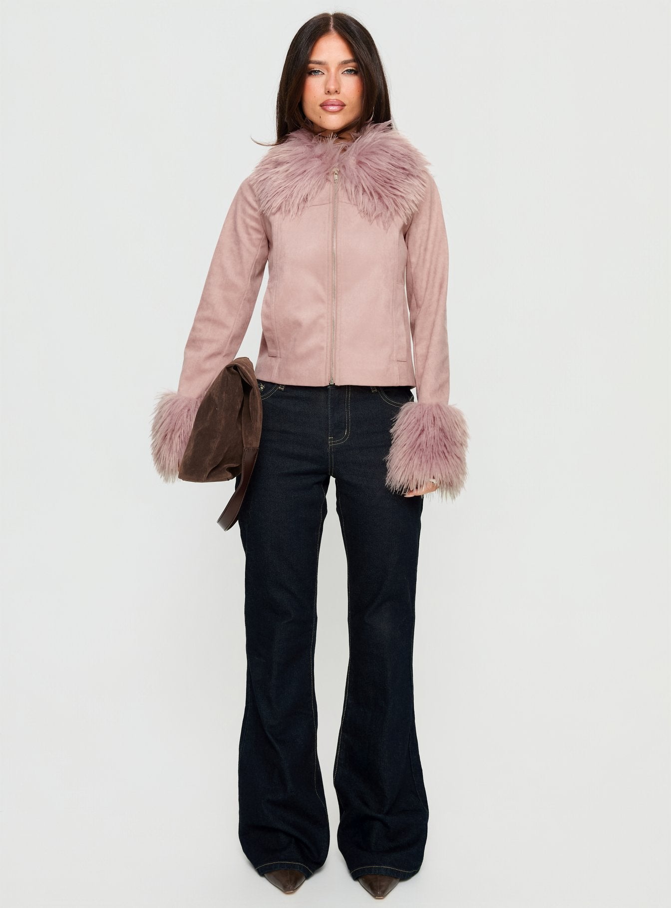 Jeanna Suede Faux Fur Detail Jacket Pink - Image 7
