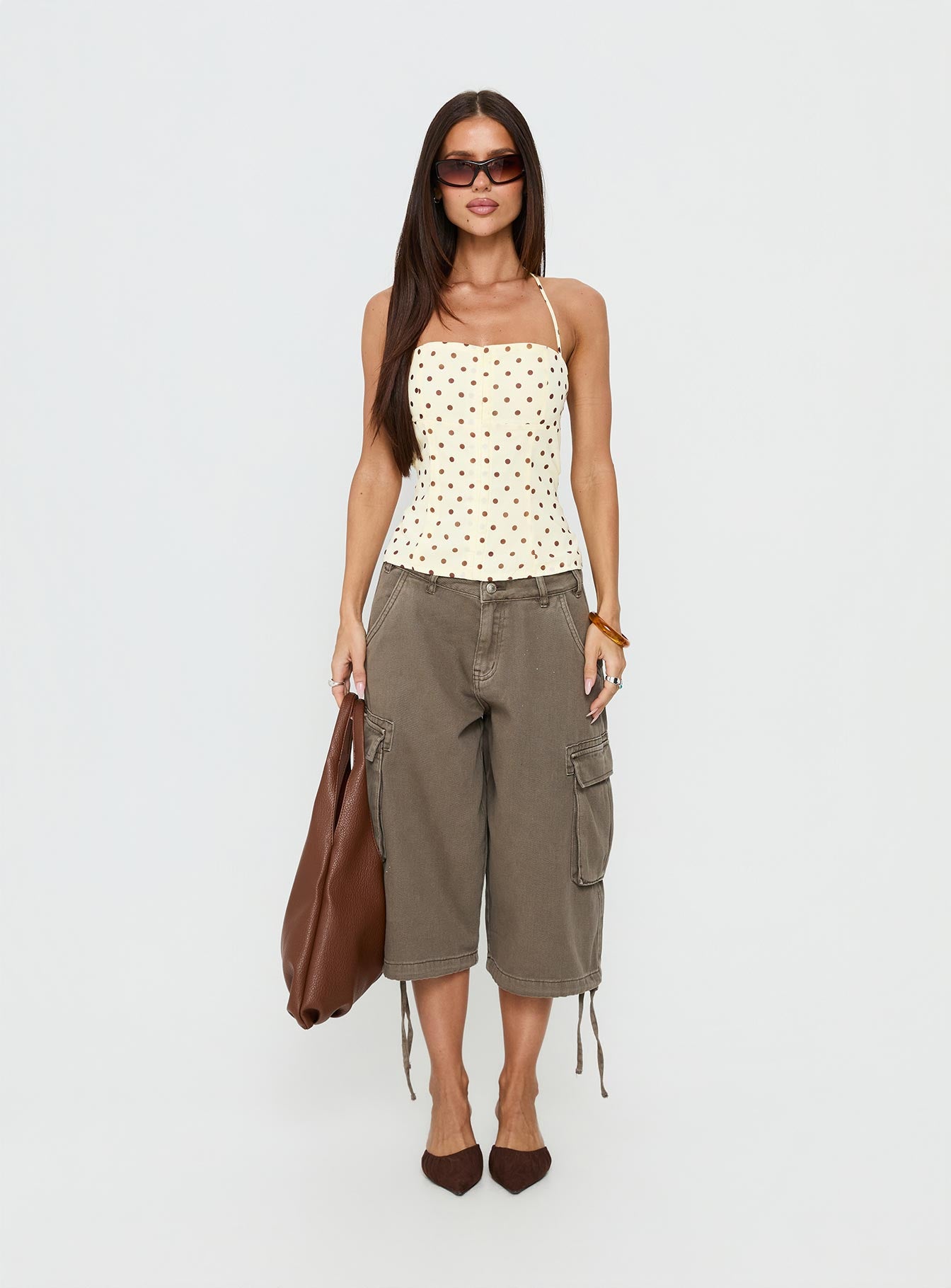 Bon Bon Tie Neck Top Yellow / Brown Polka - Image 6