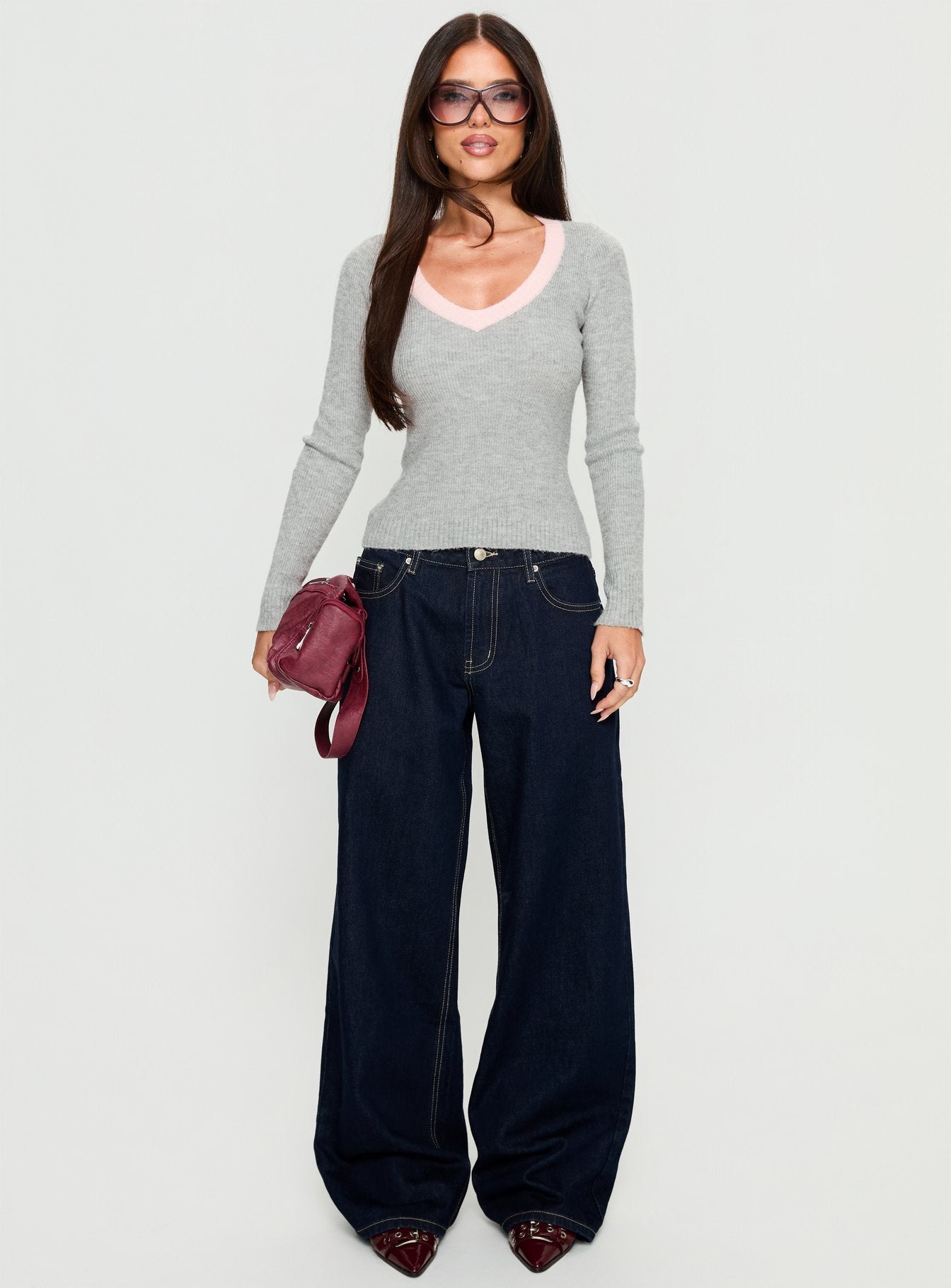 Vanita V Neck Long Sleeve Top Grey / Pink - Image 6